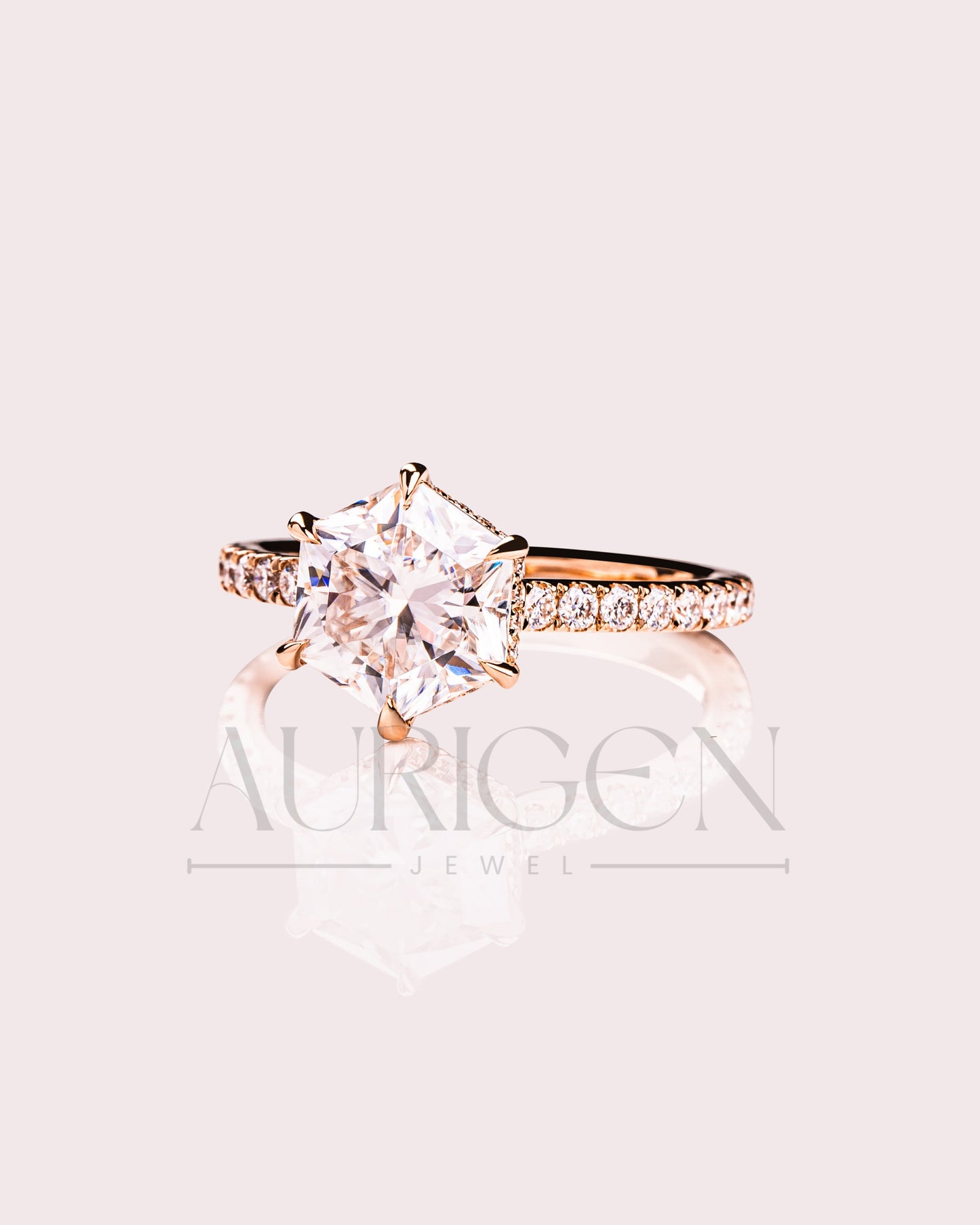 Stunning Hexagon Cut Moissanite and Lab Grown Diamond Engagement Ring in Solid Gold