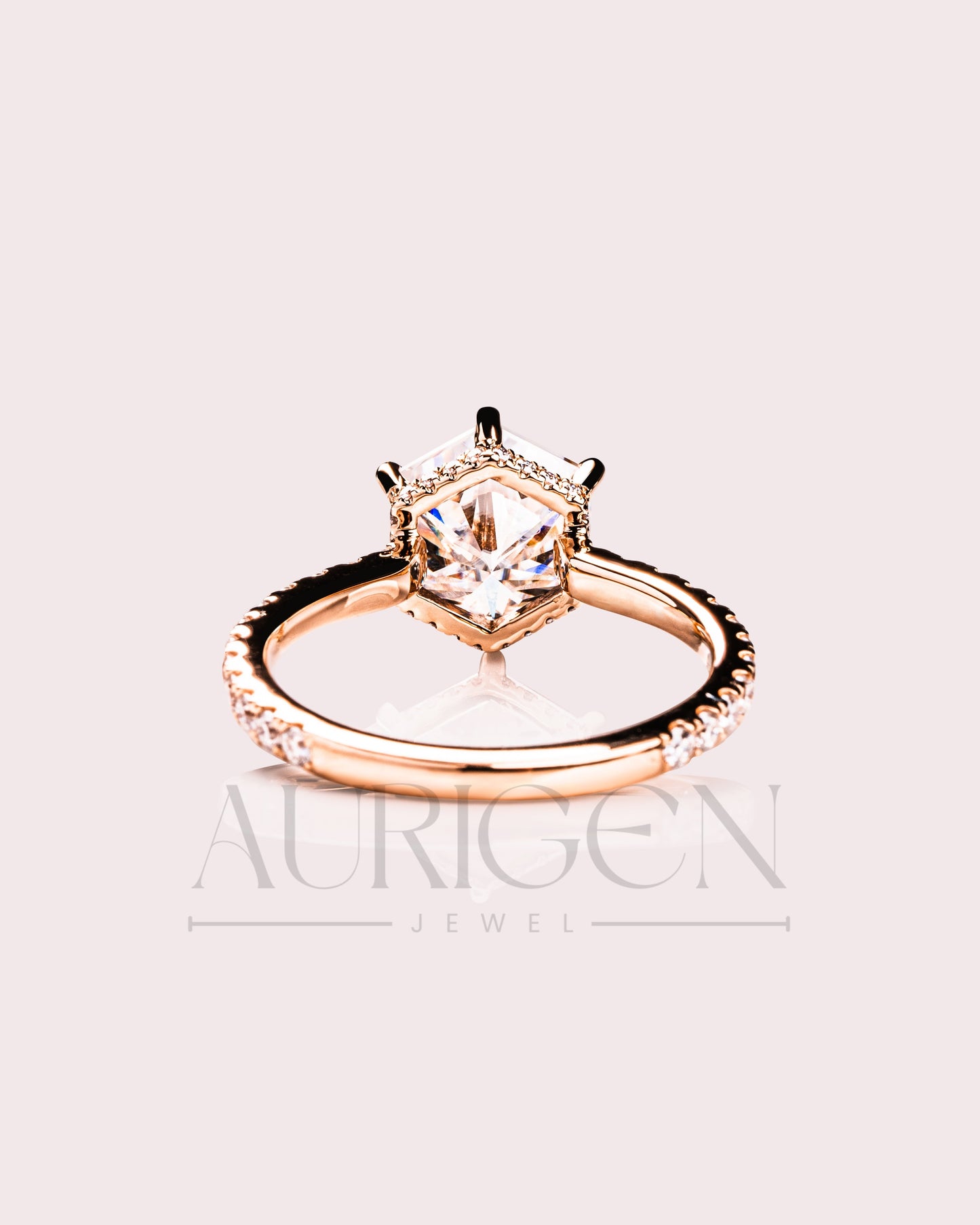Stunning Hexagon Cut Moissanite and Lab Grown Diamond Engagement Ring in Solid Gold