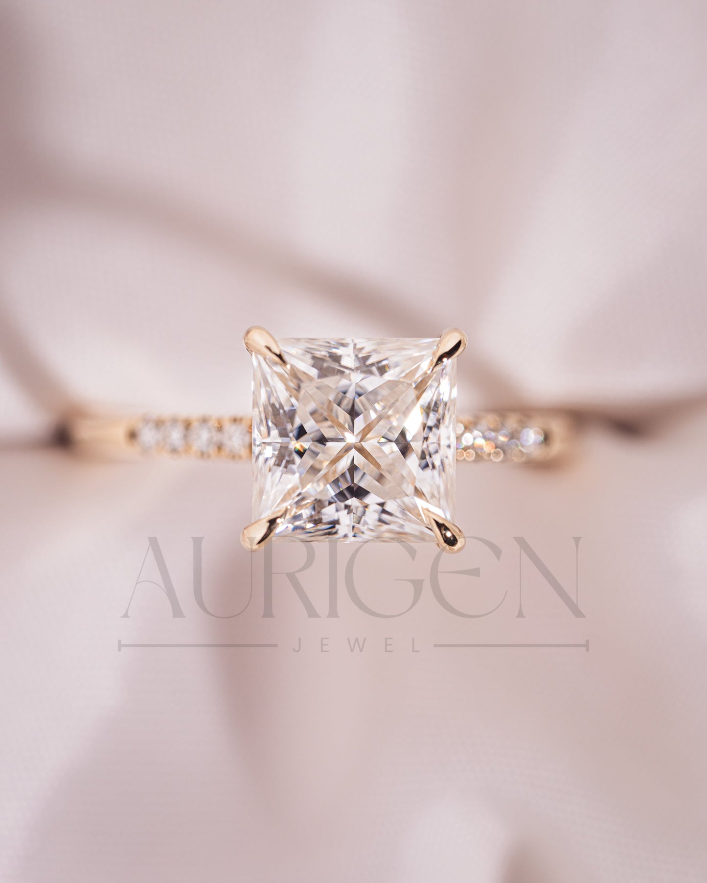 Princess Cut Moissanite & Leb Grown Engagement Ring with Hidden Halo and Side Diamond Ring