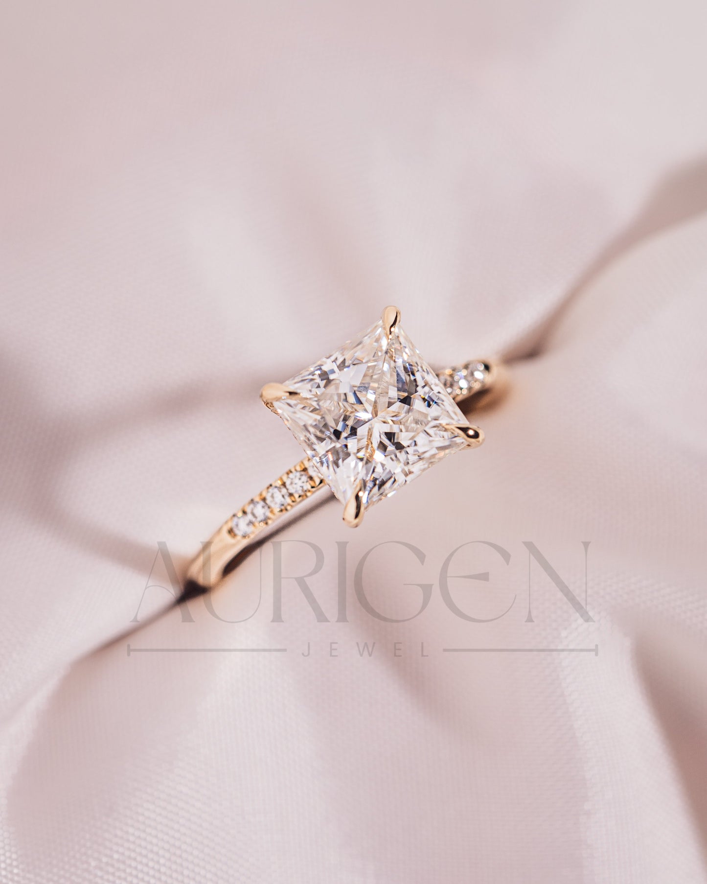 Princess Cut Moissanite & Leb Grown Engagement Ring with Hidden Halo and Side Diamond Ring