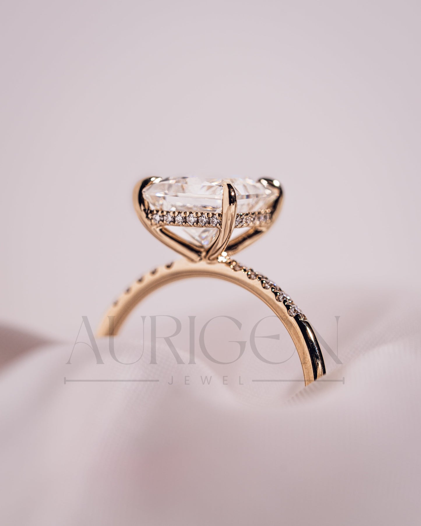 Princess Cut Moissanite & Leb Grown Engagement Ring with Hidden Halo and Side Diamond Ring