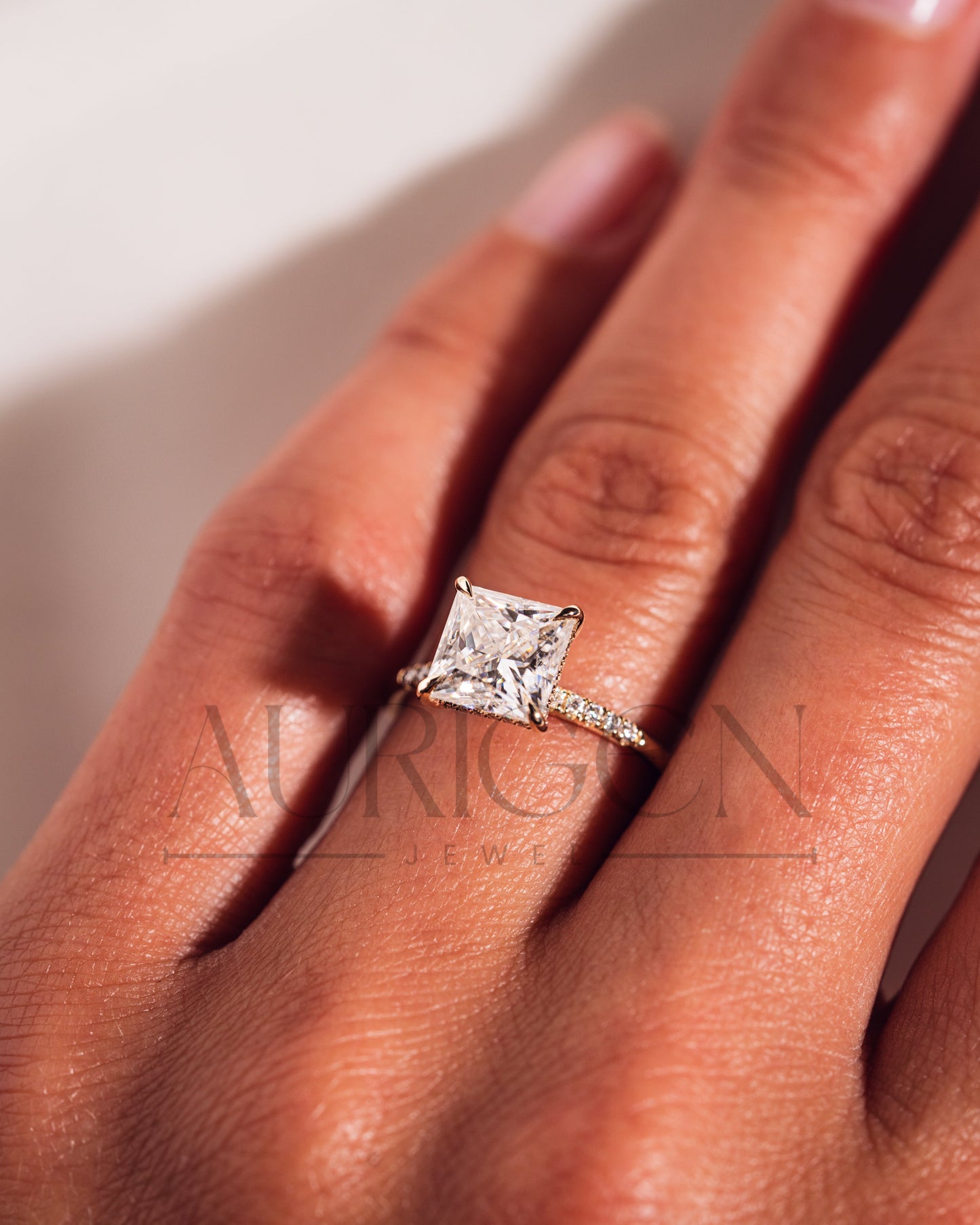 Princess Cut Moissanite & Leb Grown Engagement Ring with Hidden Halo and Side Diamond Ring