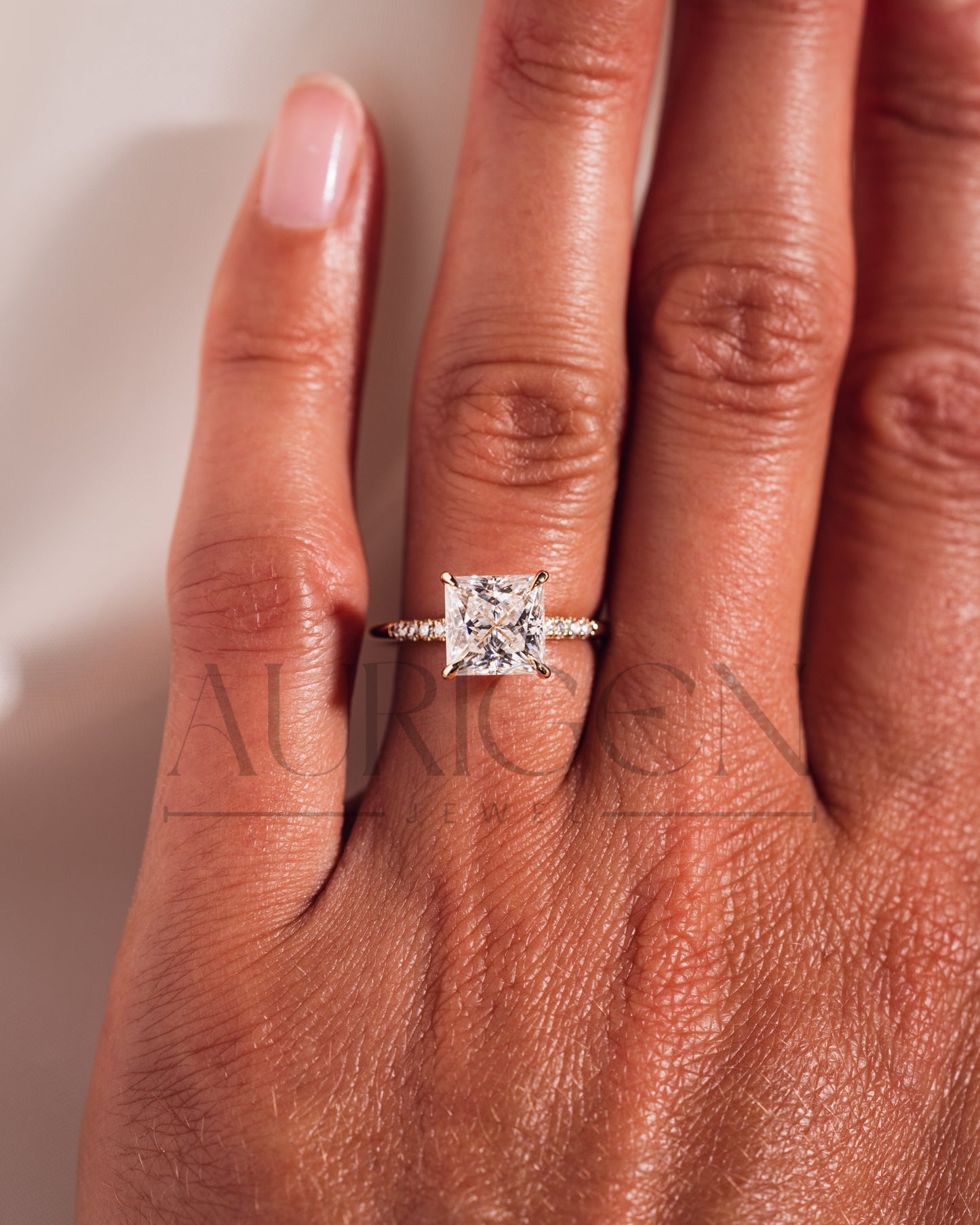 Princess Cut Moissanite & Leb Grown Engagement Ring with Hidden Halo and Side Diamond Ring