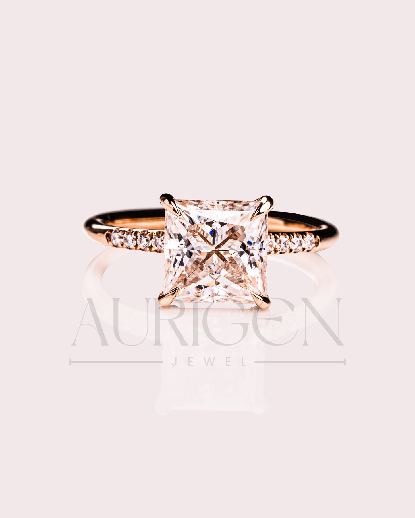 Princess Cut Moissanite & Leb Grown Engagement Ring with Hidden Halo and Side Diamond Ring