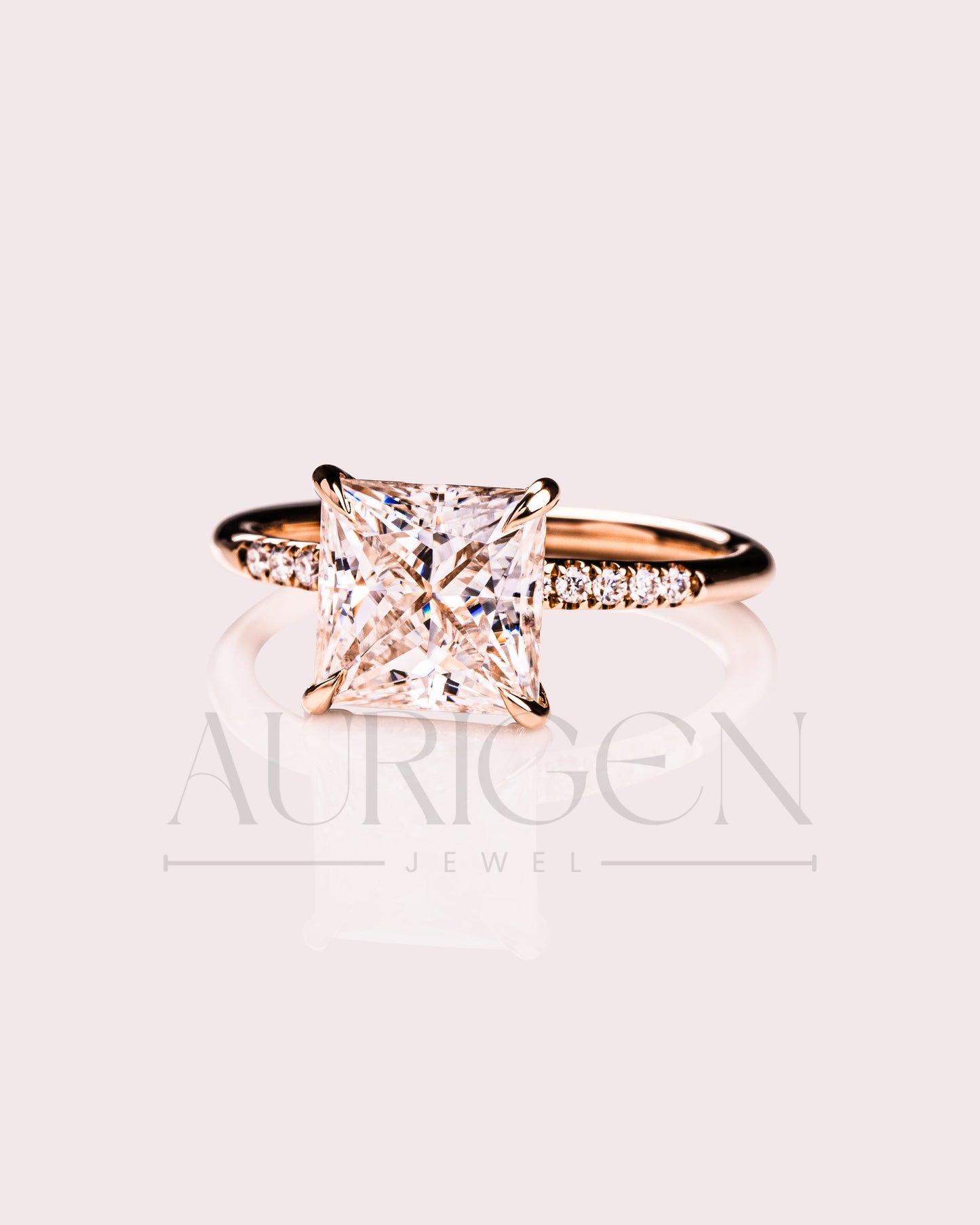 Princess Cut Moissanite & Leb Grown Engagement Ring with Hidden Halo and Side Diamond Ring