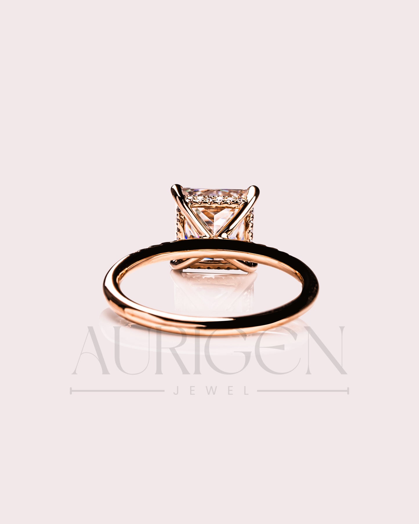 Princess Cut Moissanite & Leb Grown Engagement Ring with Hidden Halo and Side Diamond Ring