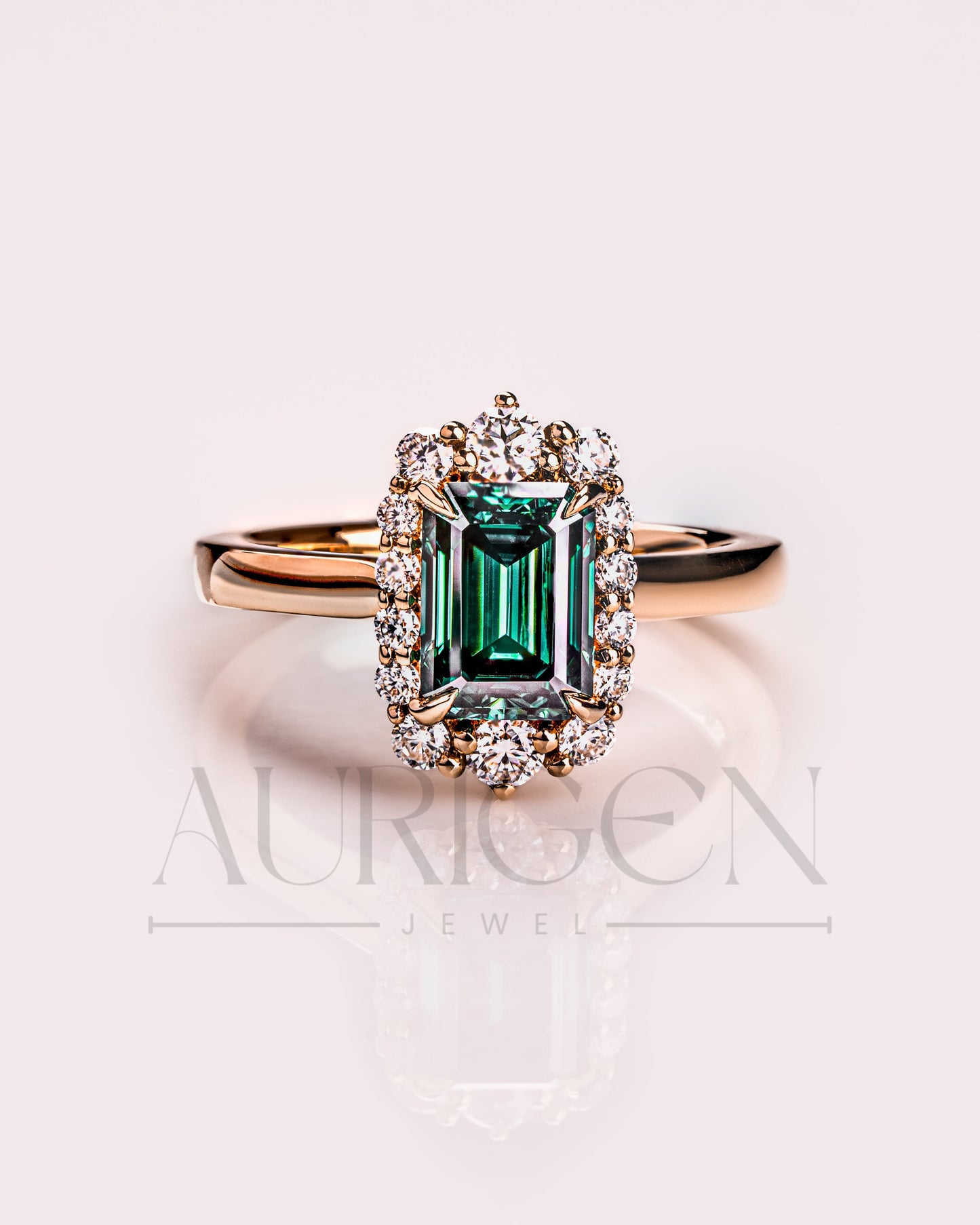Green Emerald Cut Moissanite and Lab Grown Diamond 14K Solid Gold Halo Ring