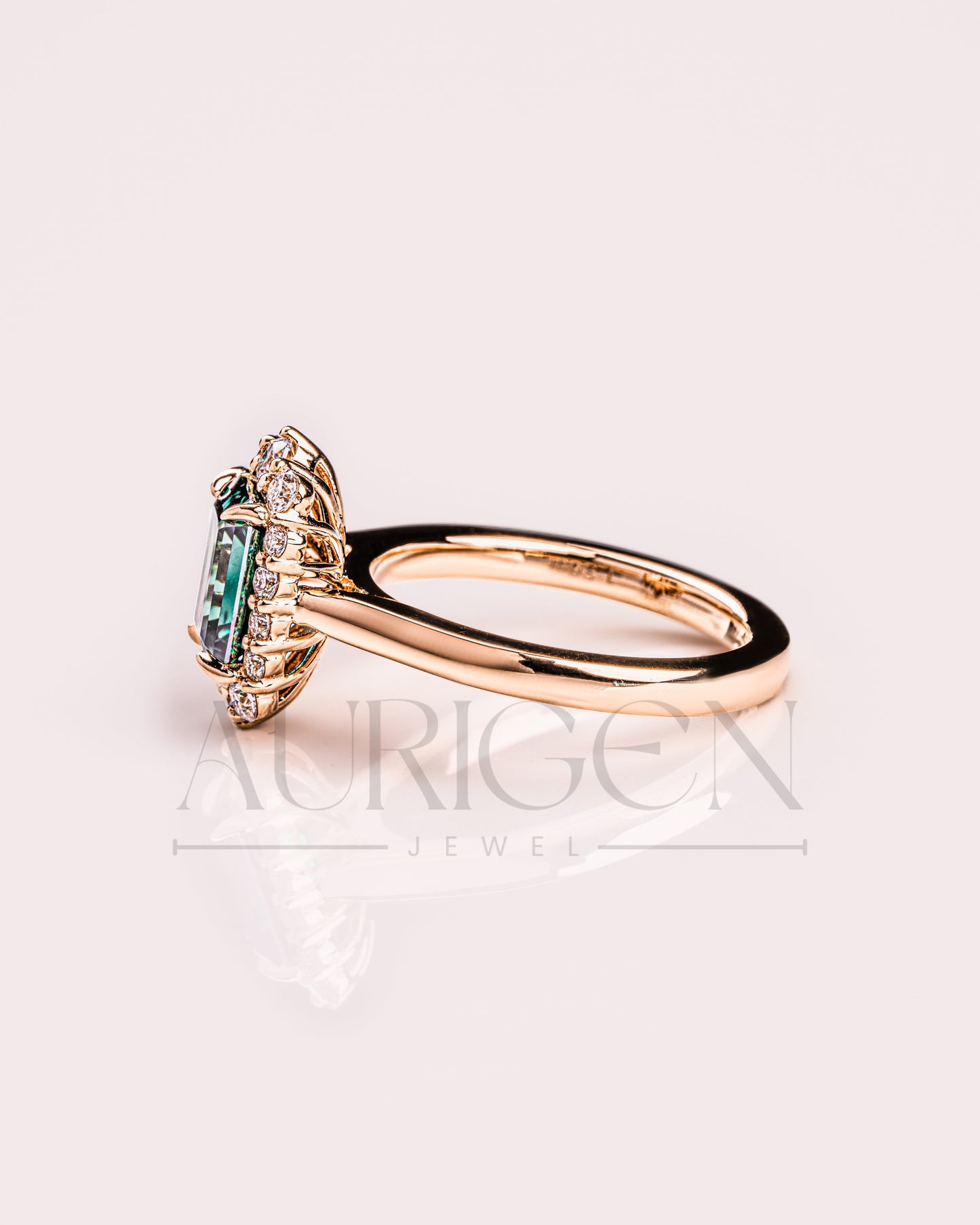 Green Emerald Cut Moissanite and Lab Grown Diamond 14K Solid Gold Halo Ring