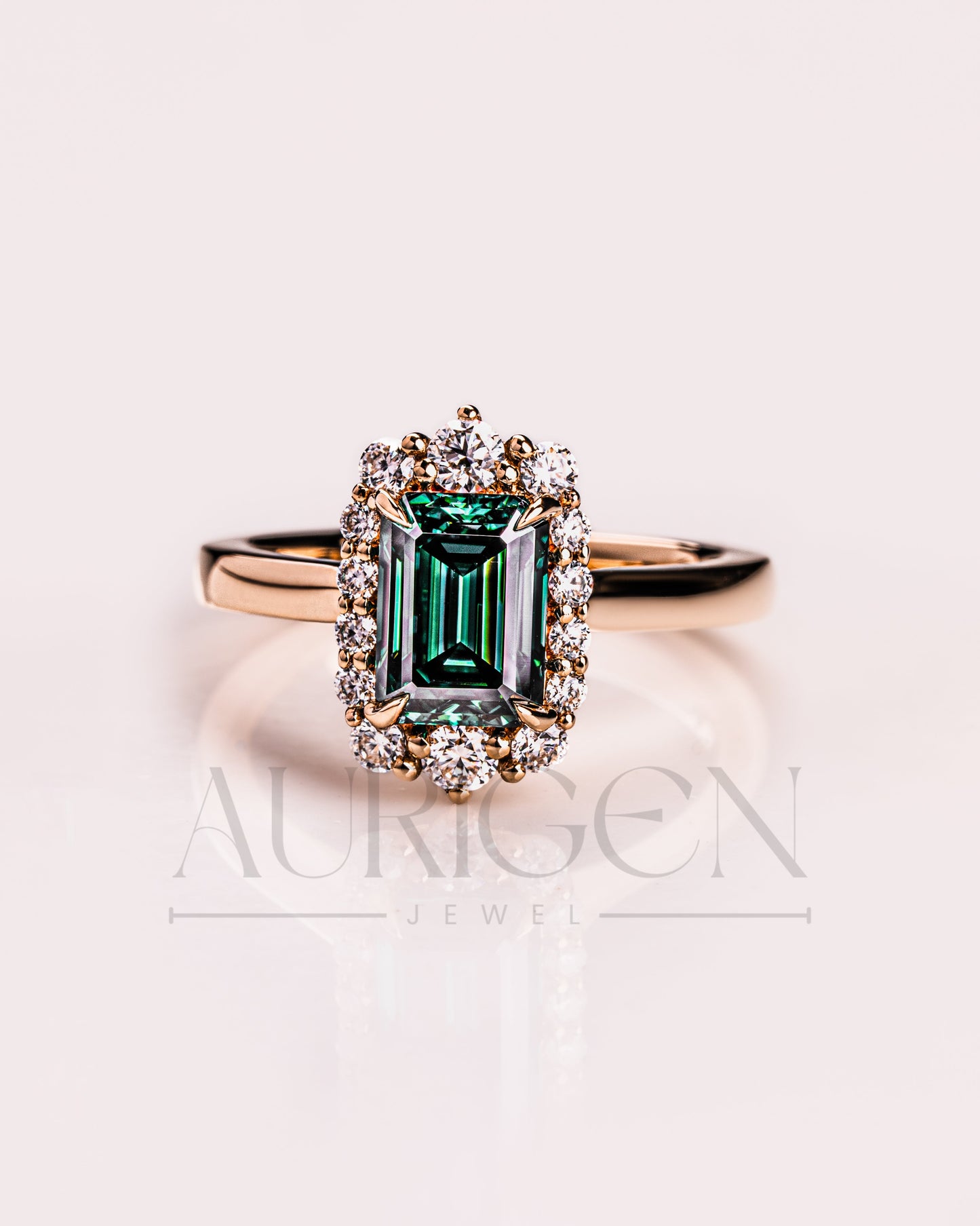 Green Emerald Cut Moissanite and Lab Grown Diamond 14K Solid Gold Halo Ring