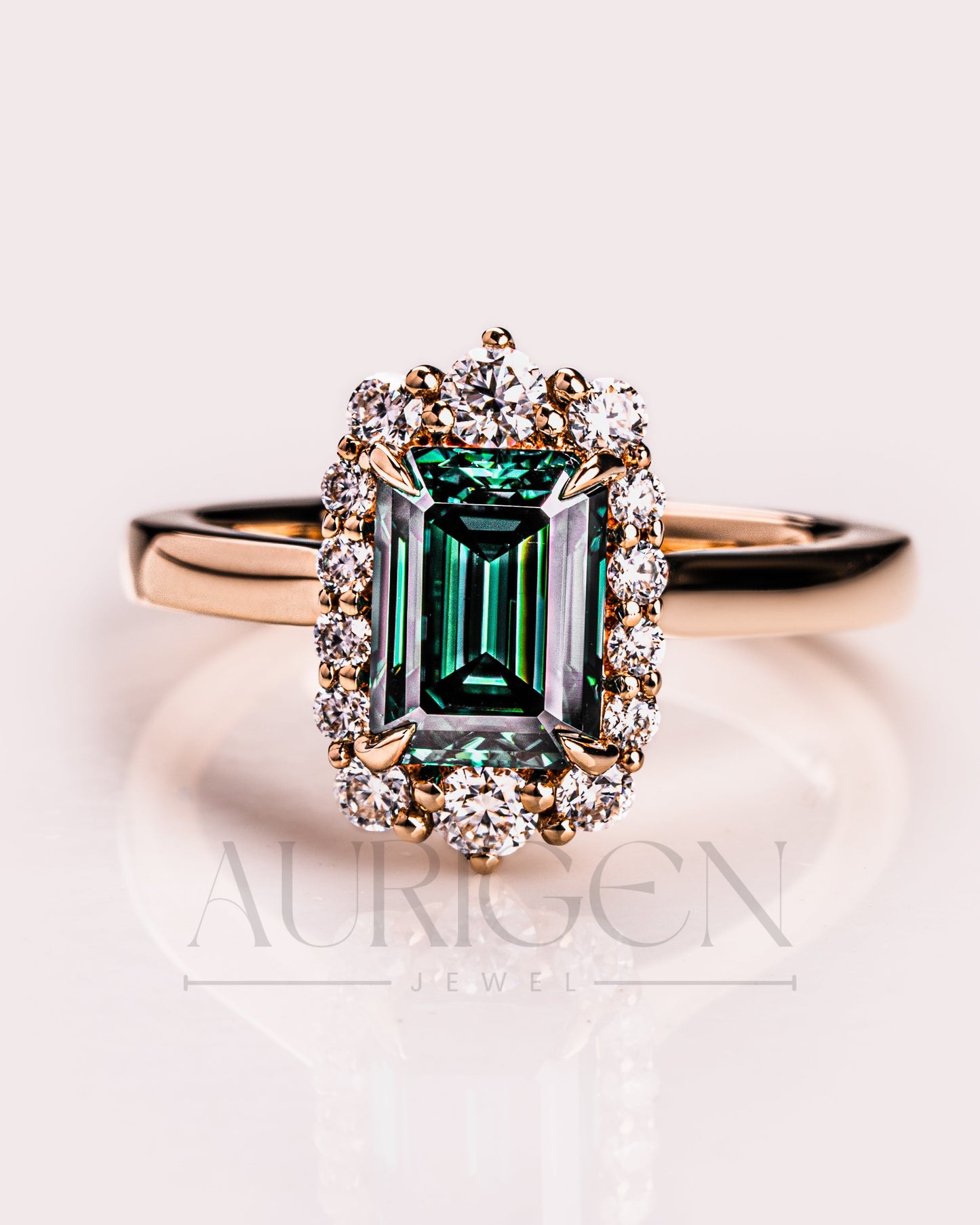 Green Emerald Cut Moissanite and Lab Grown Diamond 14K Solid Gold Halo Ring
