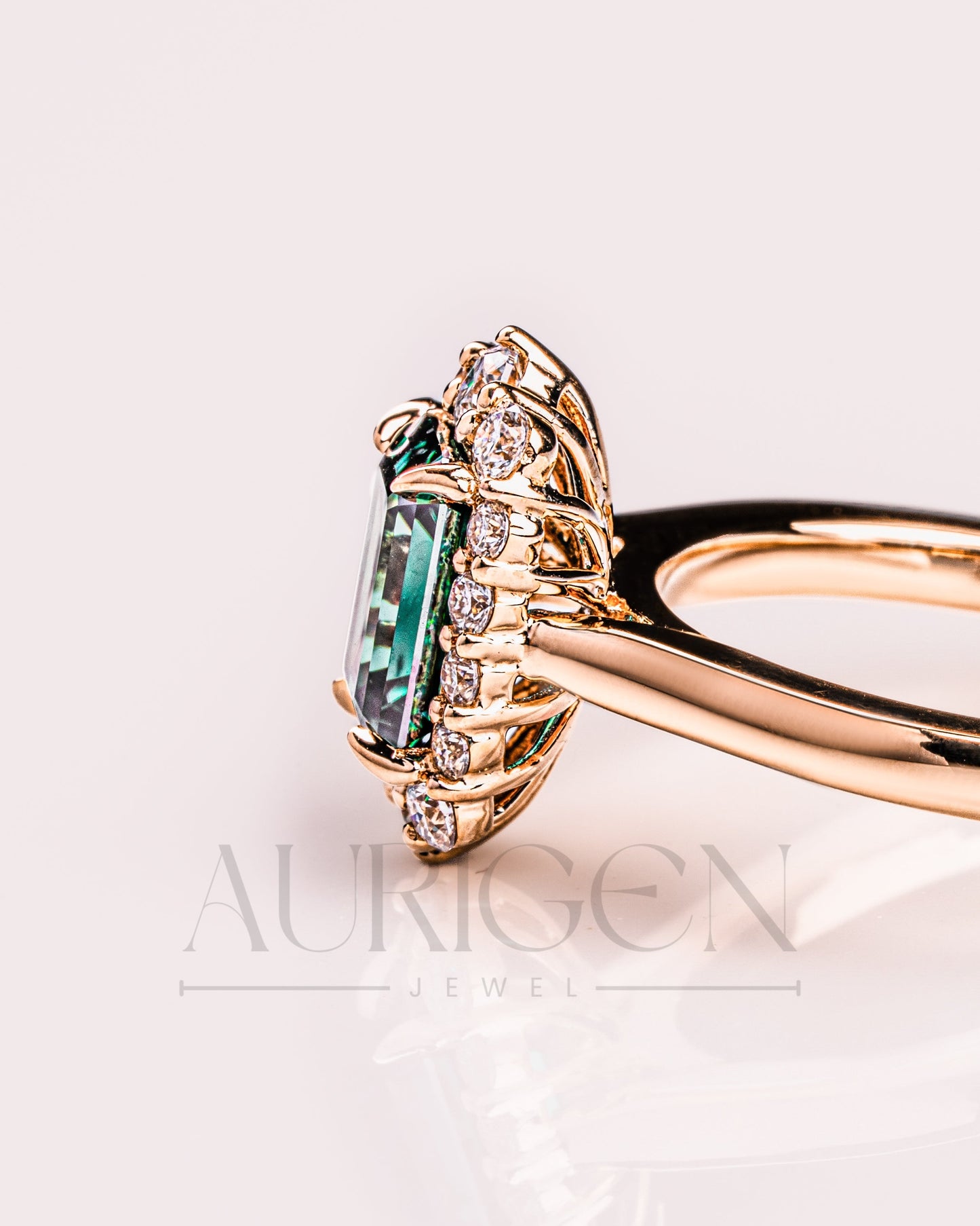 Green Emerald Cut Moissanite and Lab Grown Diamond 14K Solid Gold Halo Ring