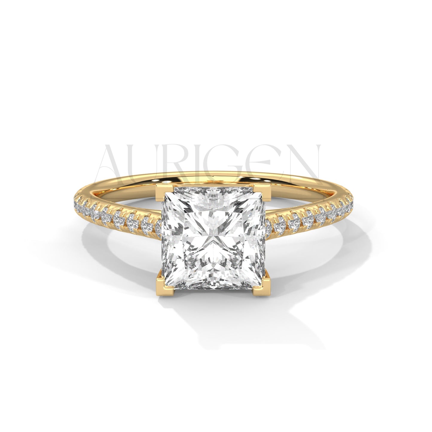 14K Solid Gold Engagement Ring with Princess Center and Pave Diamonds