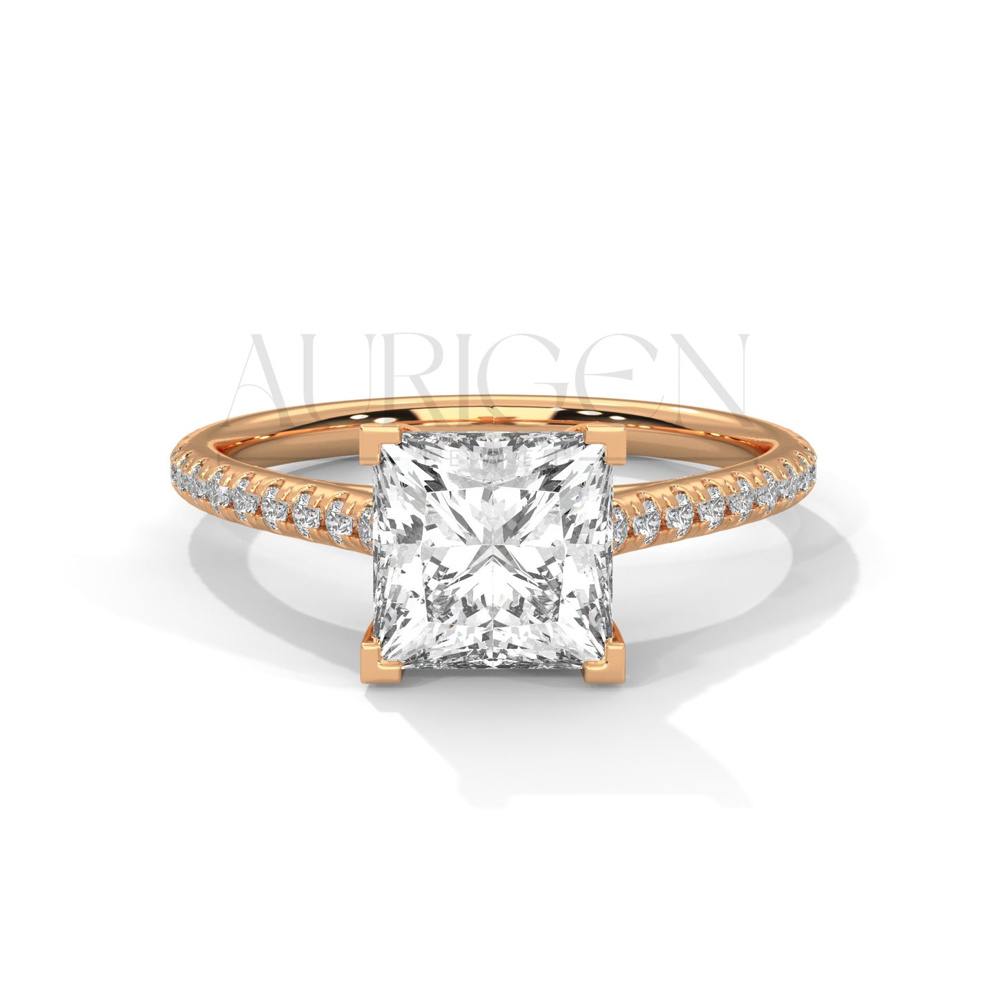 14K Solid Gold Engagement Ring with Princess Center and Pave Diamonds