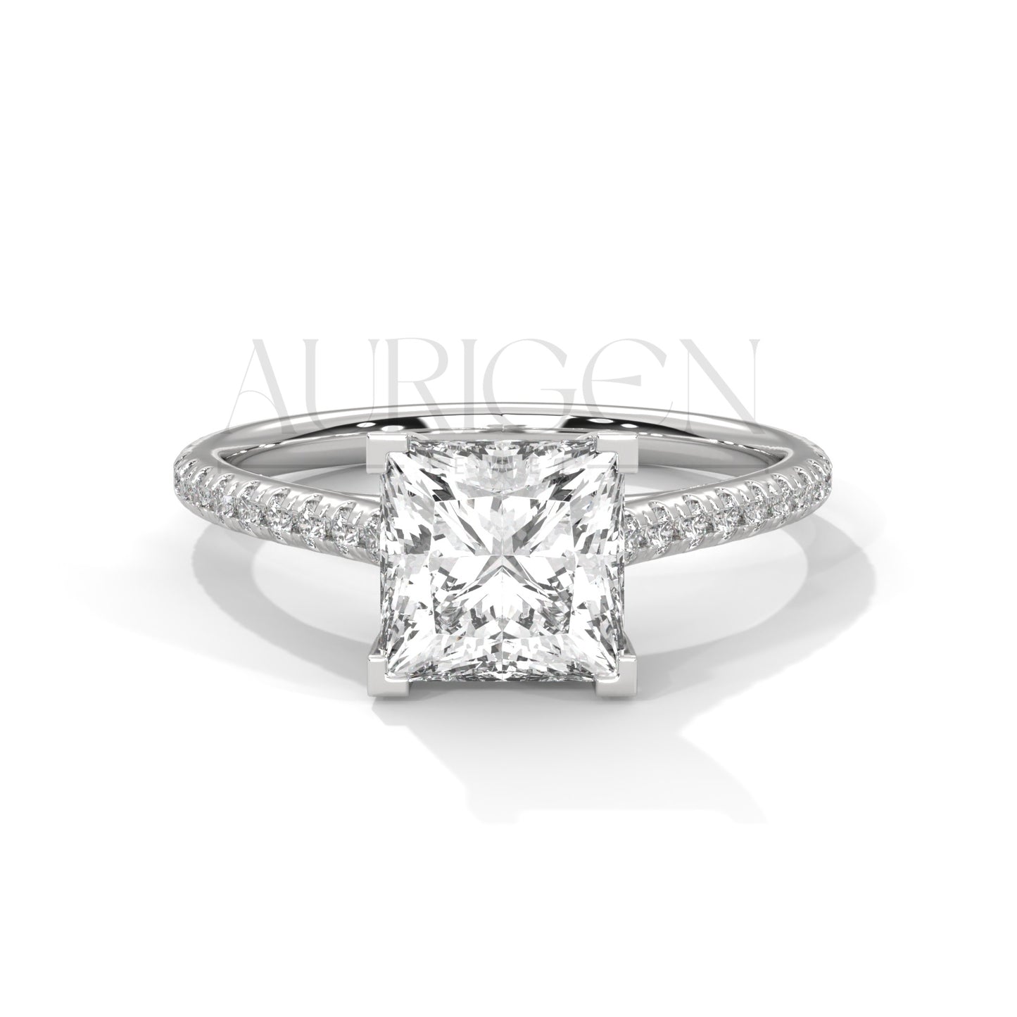 14K Solid Gold Engagement Ring with Princess Center and Pave Diamonds