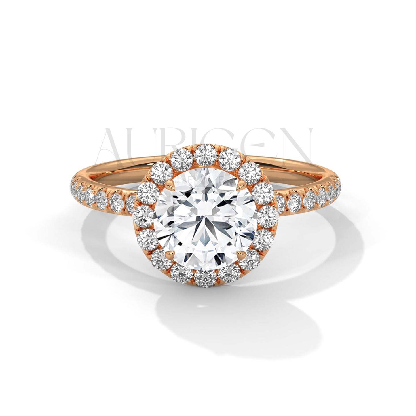 Brilliant Round Cut Halo and Hidden Halo Diamond Ring with Pave Band in 14K Solid Gold