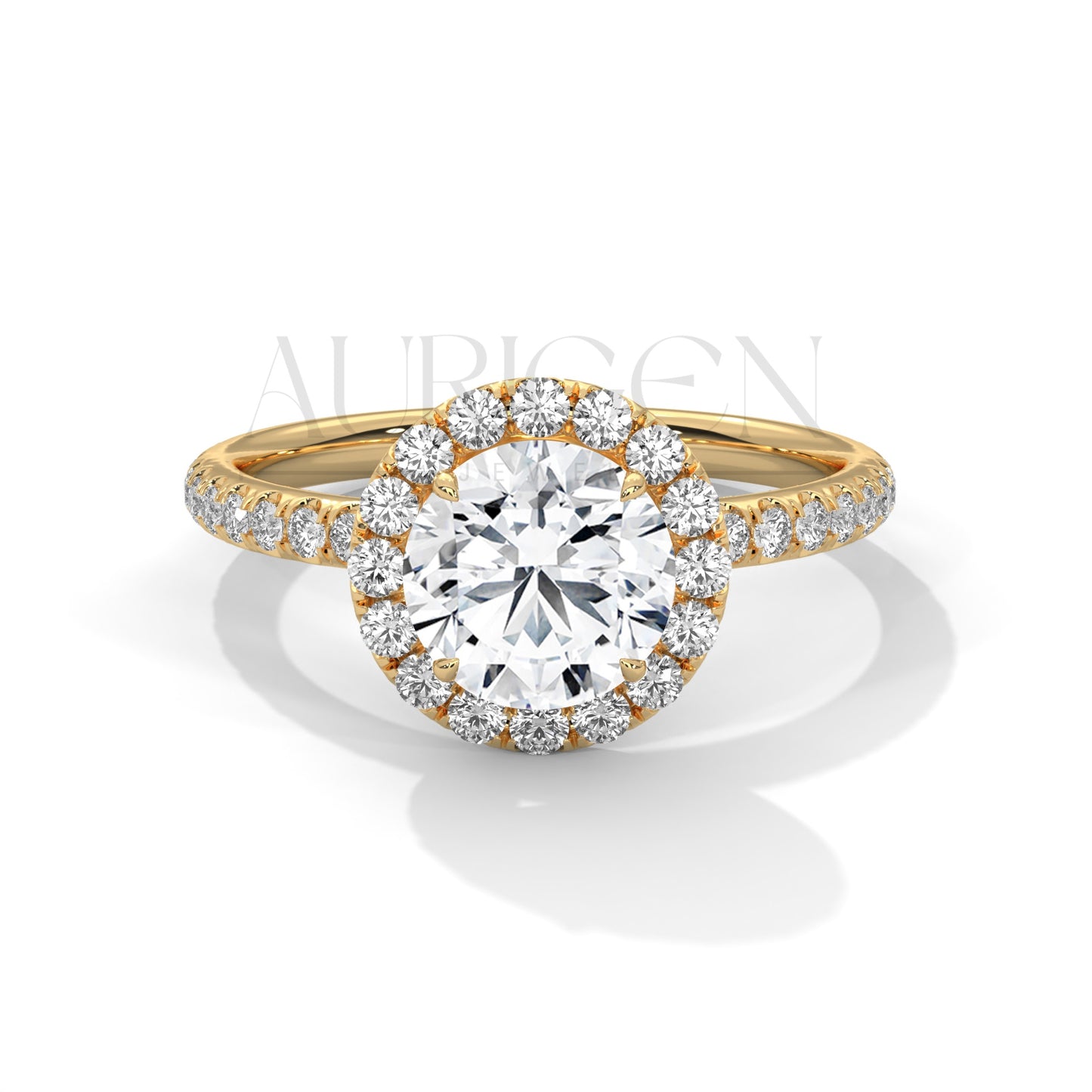 Brilliant Round Cut Halo and Hidden Halo Diamond Ring with Pave Band in 14K Solid Gold
