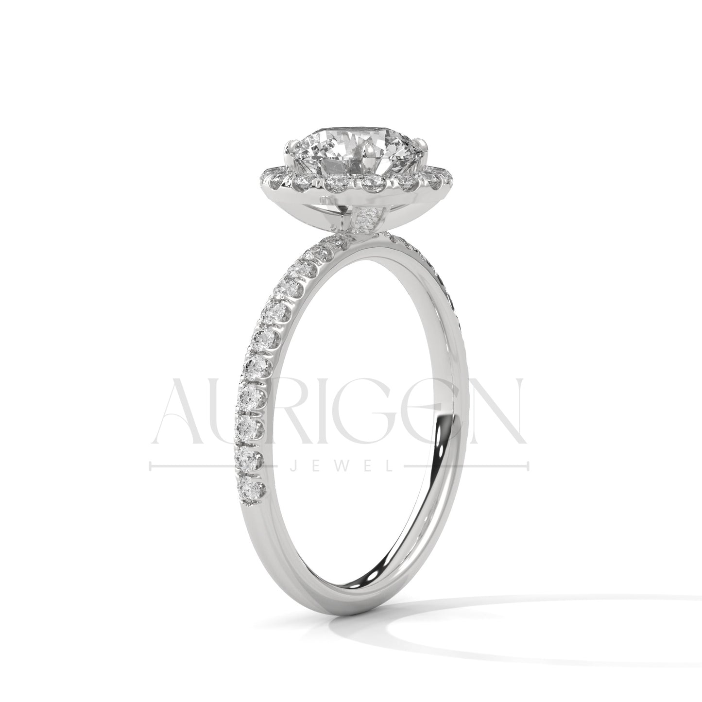 Brilliant Round Cut Halo and Hidden Halo Diamond Ring with Pave Band in 14K Solid Gold