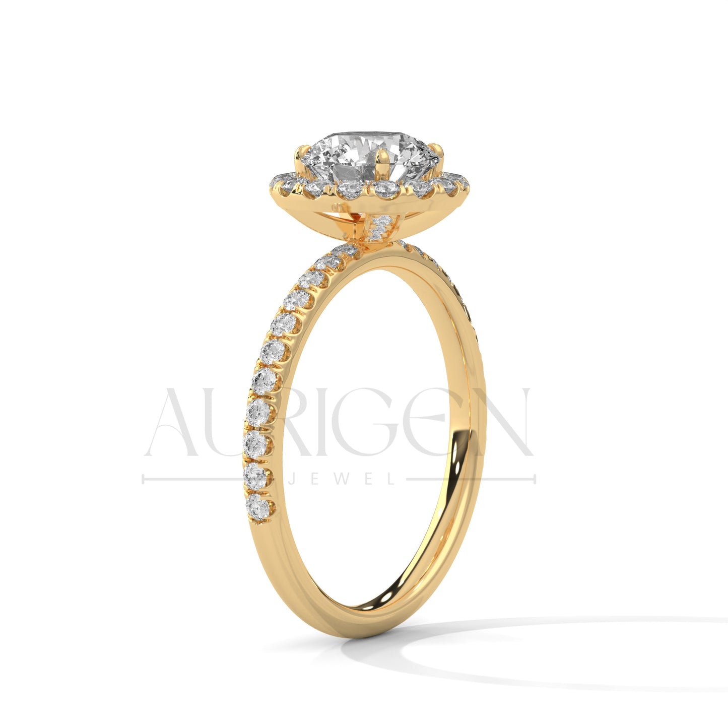 Brilliant Round Cut Halo and Hidden Halo Diamond Ring with Pave Band in 14K Solid Gold
