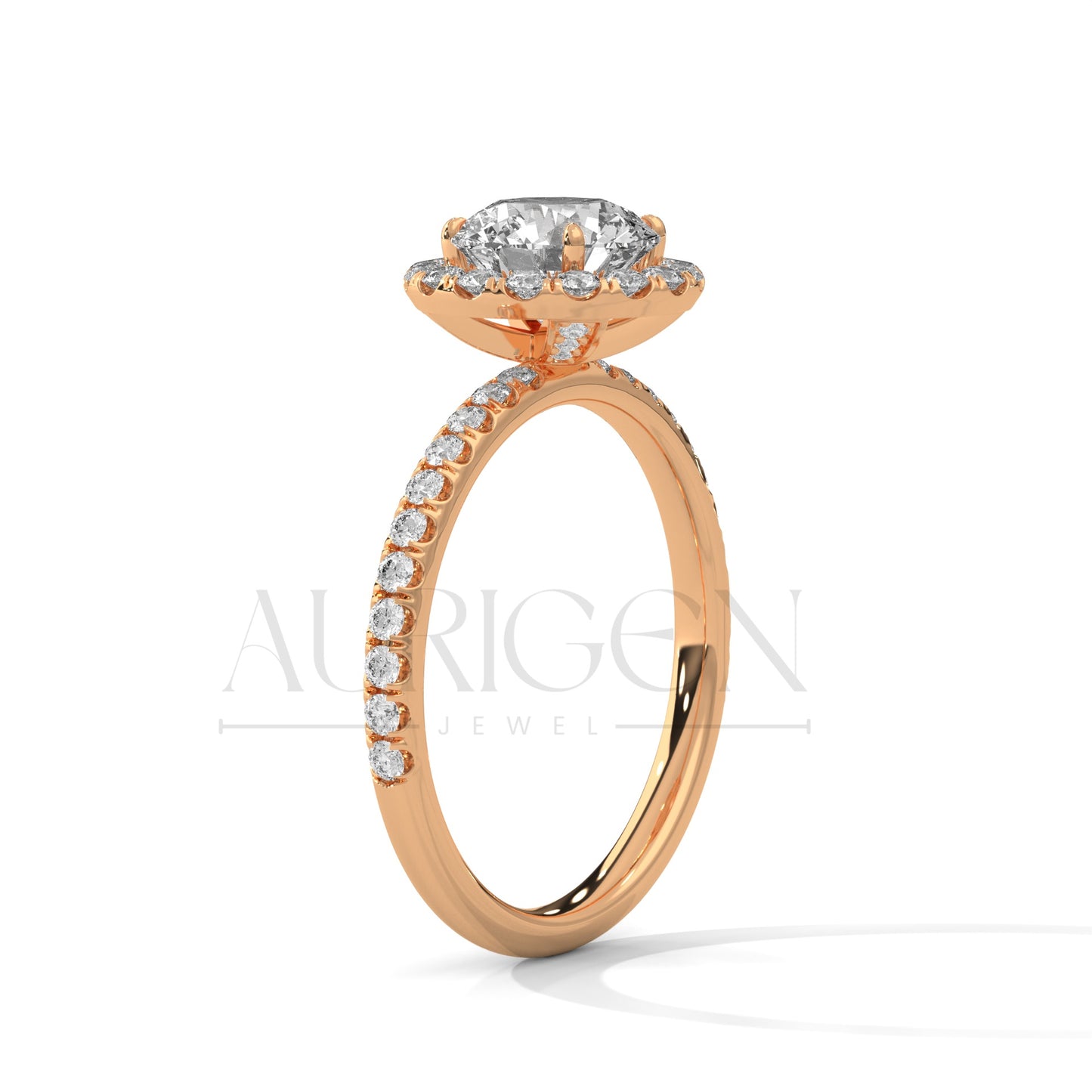 Brilliant Round Cut Halo and Hidden Halo Diamond Ring with Pave Band in 14K Solid Gold