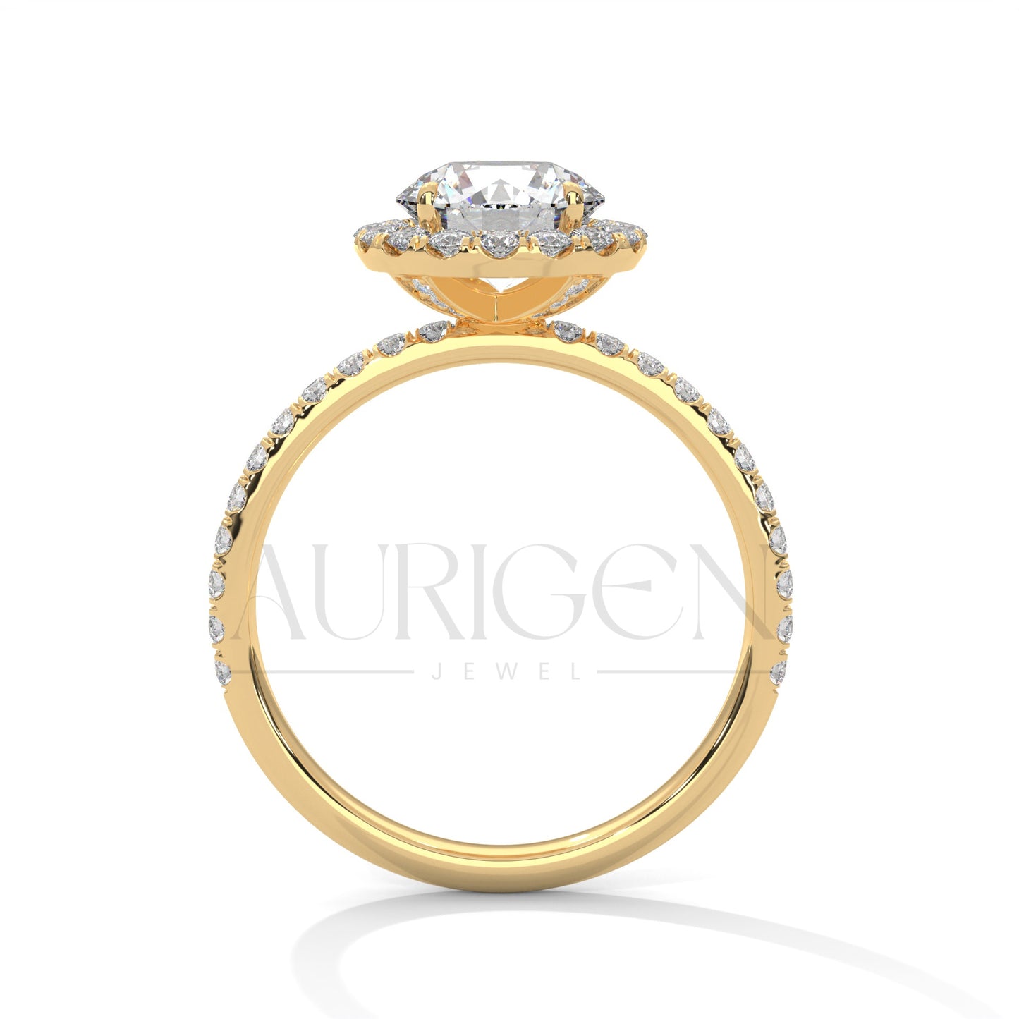 Brilliant Round Cut Halo and Hidden Halo Diamond Ring with Pave Band in 14K Solid Gold
