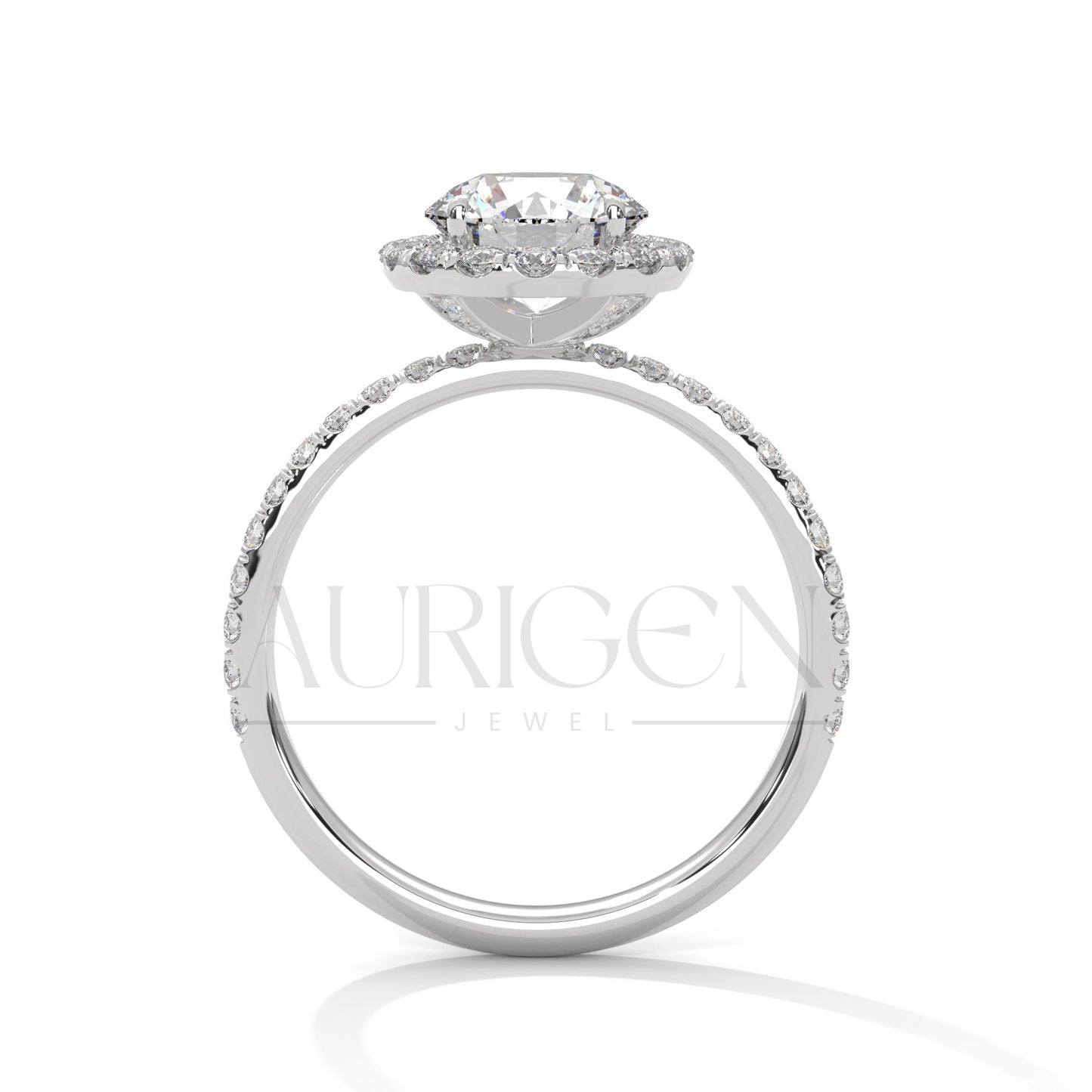 Brilliant Round Cut Halo and Hidden Halo Diamond Ring with Pave Band in 14K Solid Gold