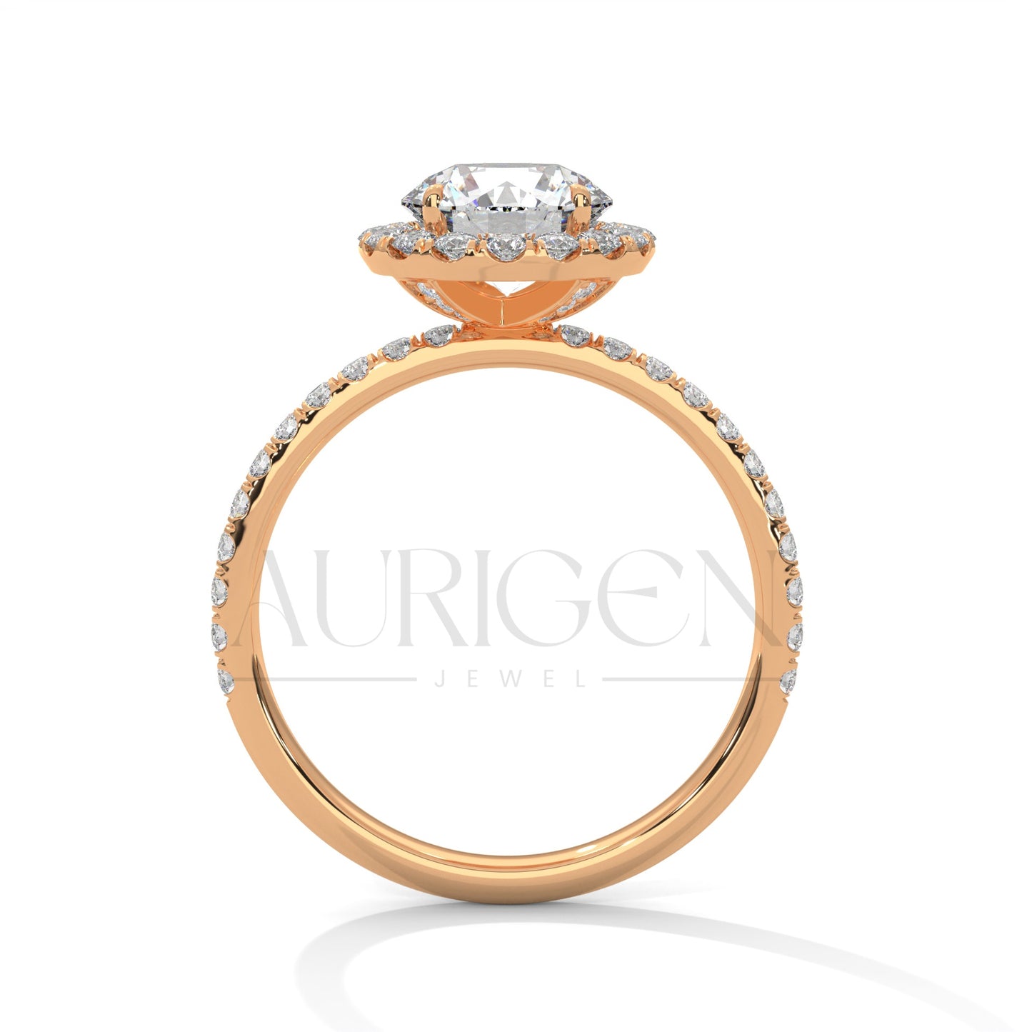 Brilliant Round Cut Halo and Hidden Halo Diamond Ring with Pave Band in 14K Solid Gold