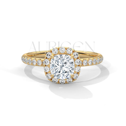 1.00 CT Cushion Cut Diamond Halo Ring with Pave Setting in 14K Solid Gold