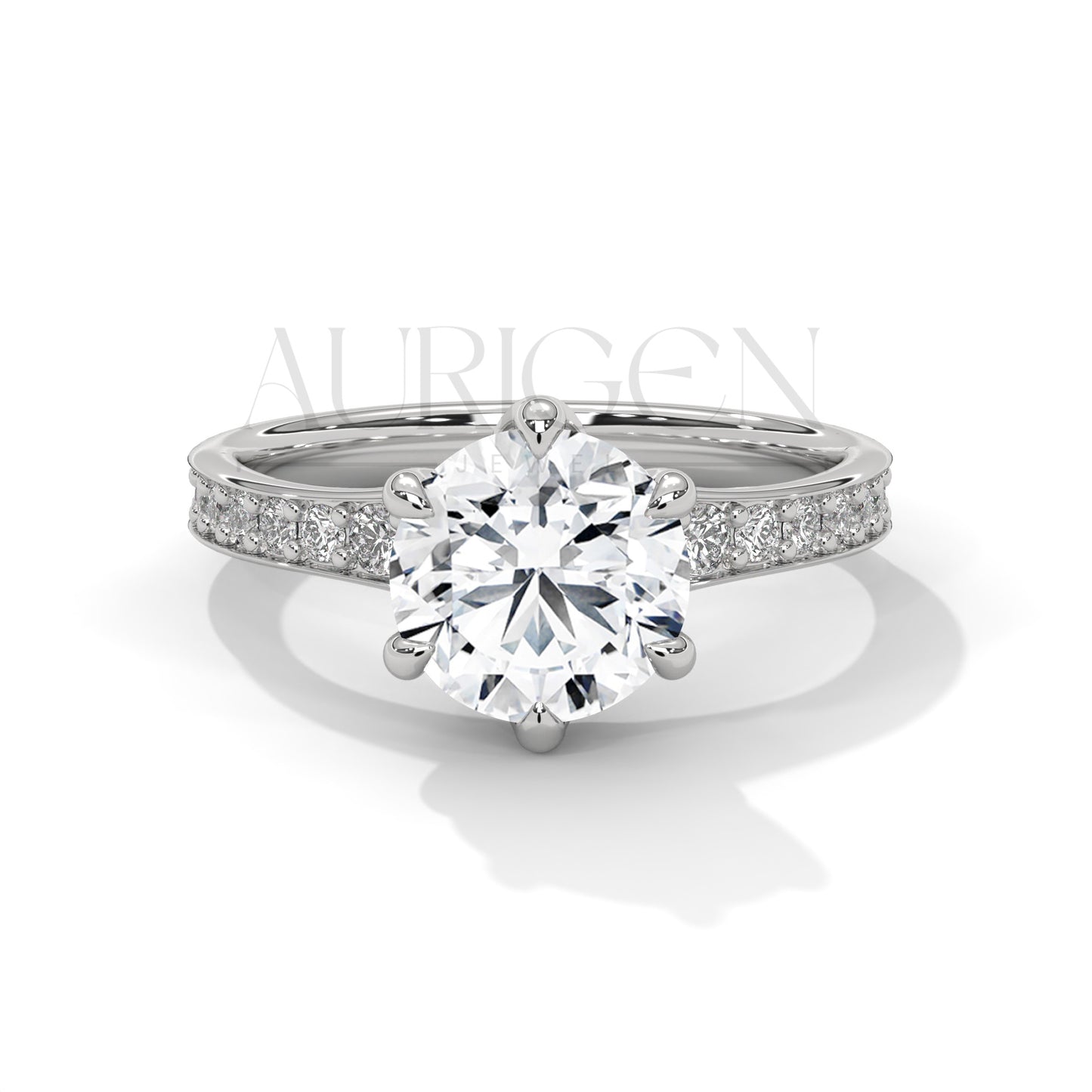 Elegant Round Cut Diamond Pave and Six Prong Set Ring in 14K Solid Gold