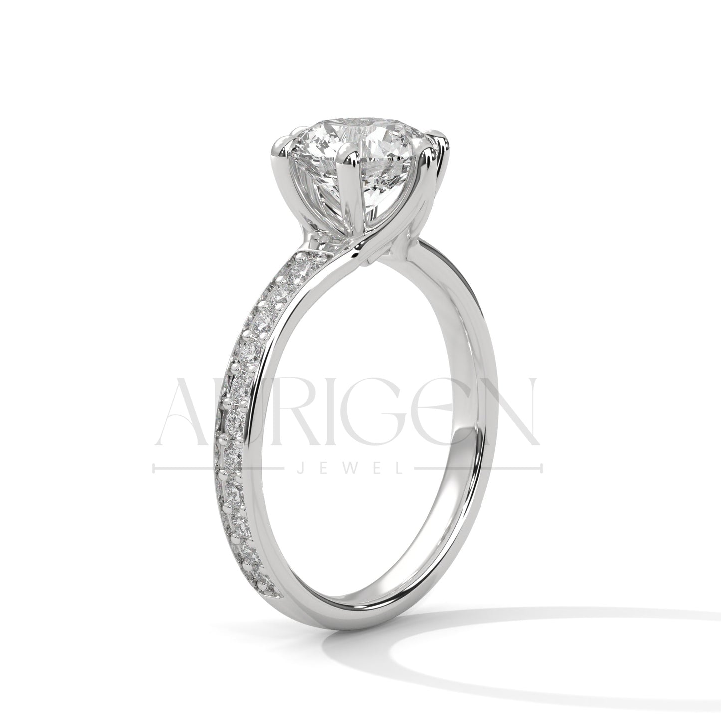 Elegant Round Cut Diamond Pave and Six Prong Set Ring in 14K Solid Gold