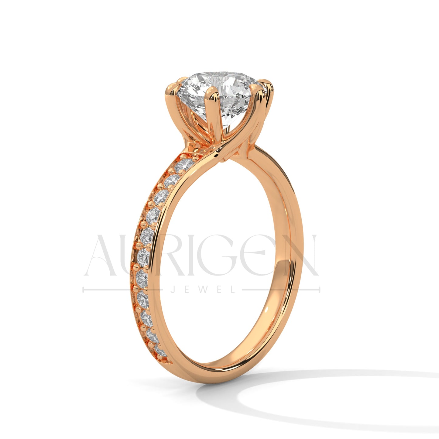 Elegant Round Cut Diamond Pave and Six Prong Set Ring in 14K Solid Gold