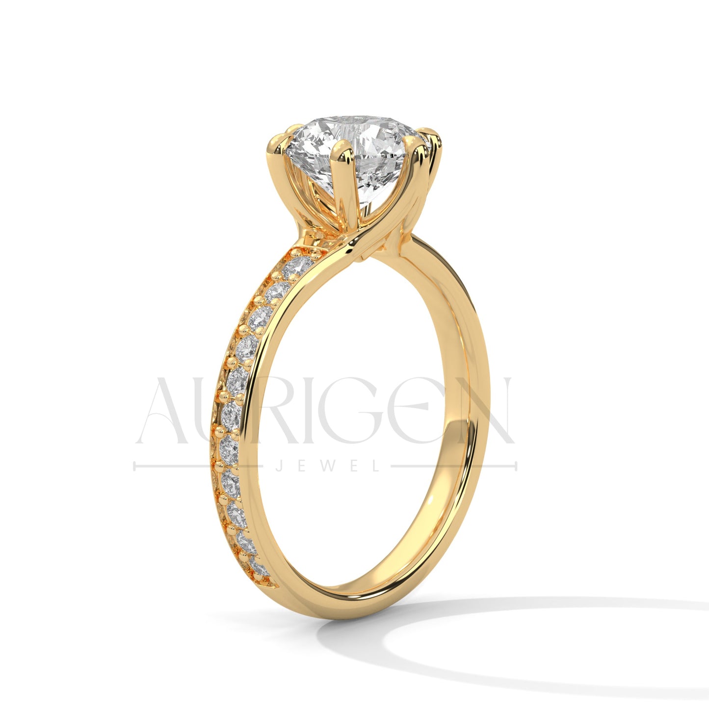 Elegant Round Cut Diamond Pave and Six Prong Set Ring in 14K Solid Gold