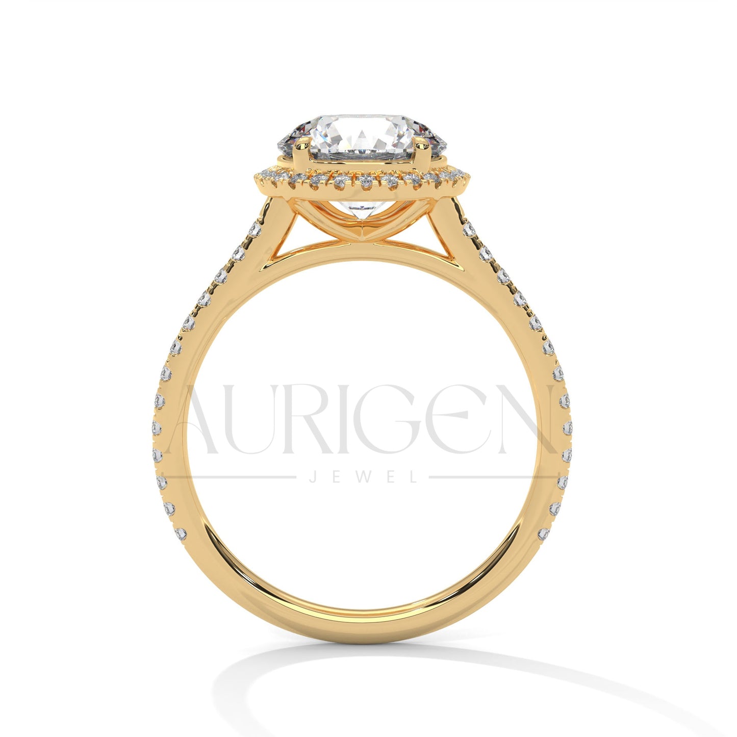 14K Solid Gold Round Brilliant Cut Diamond Ring with Halo and Pave Setting