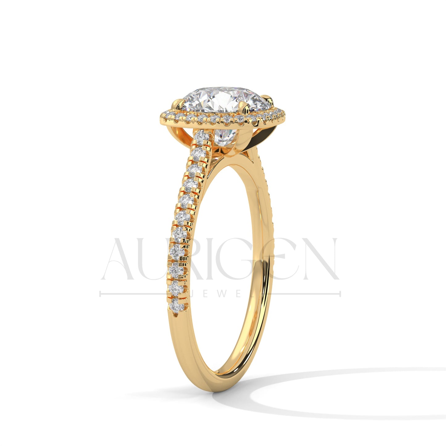 Round Brilliant Diamond Halo Engagement Ring in 14K Solid Gold with Pave Band