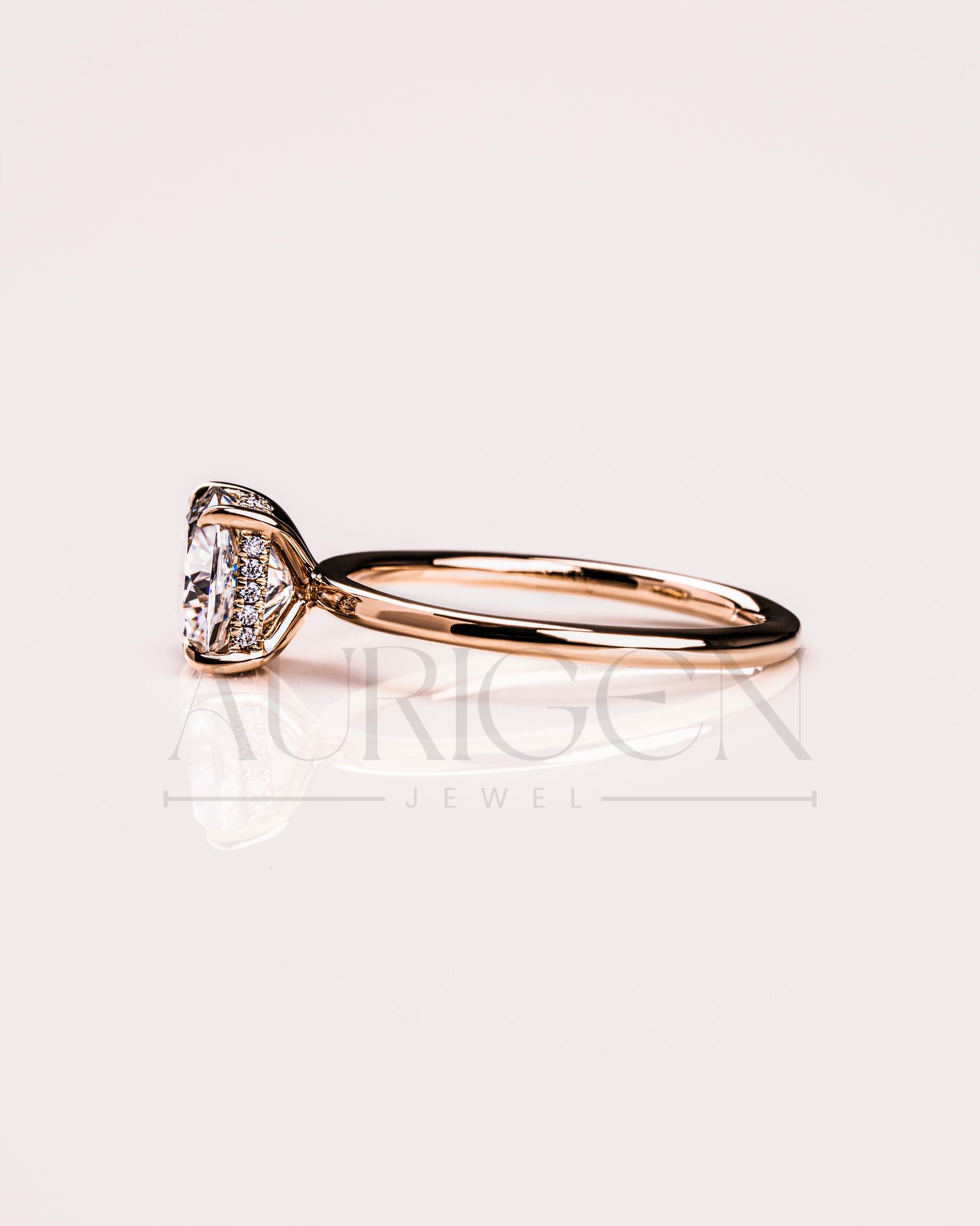 Brilliant Cushion Cut Moissanite and Leb Diamond Ring Hidden Halo 14k Solid Gold