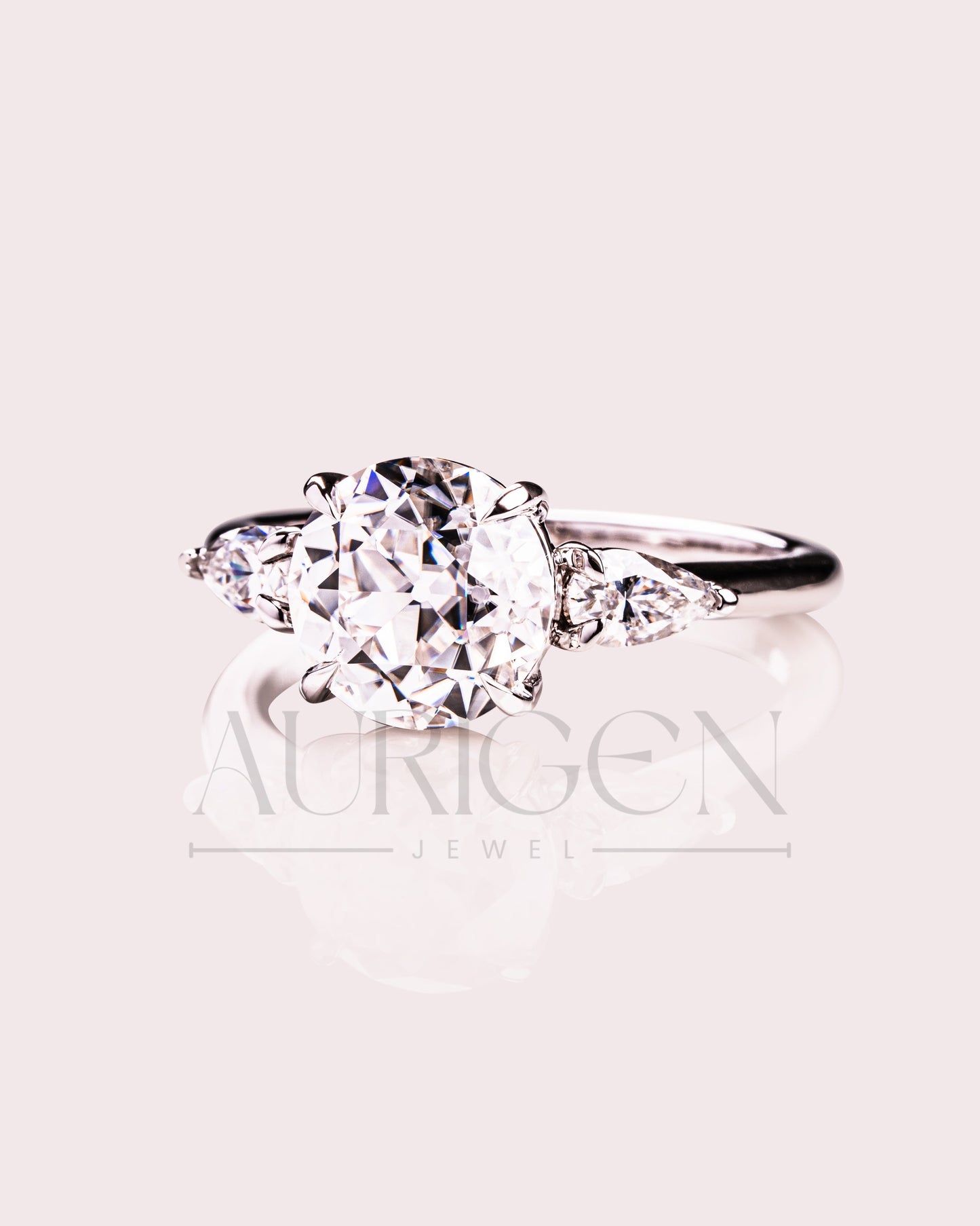 Round and Pear Cut Three Stone Engagement Ring - Moissanite and Lab Grown Diamond