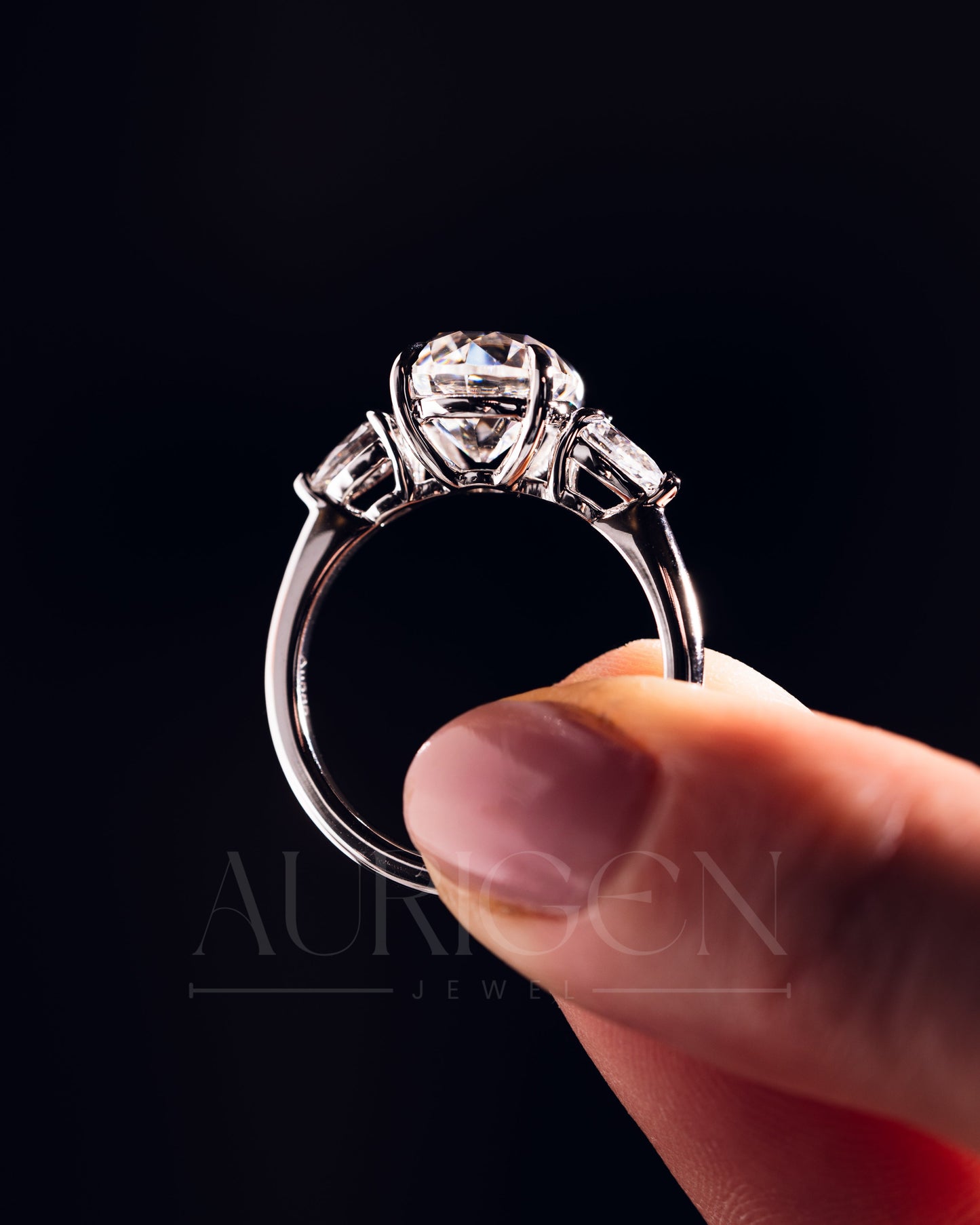Round and Pear Cut Three Stone Engagement Ring - Moissanite and Lab Grown Diamond