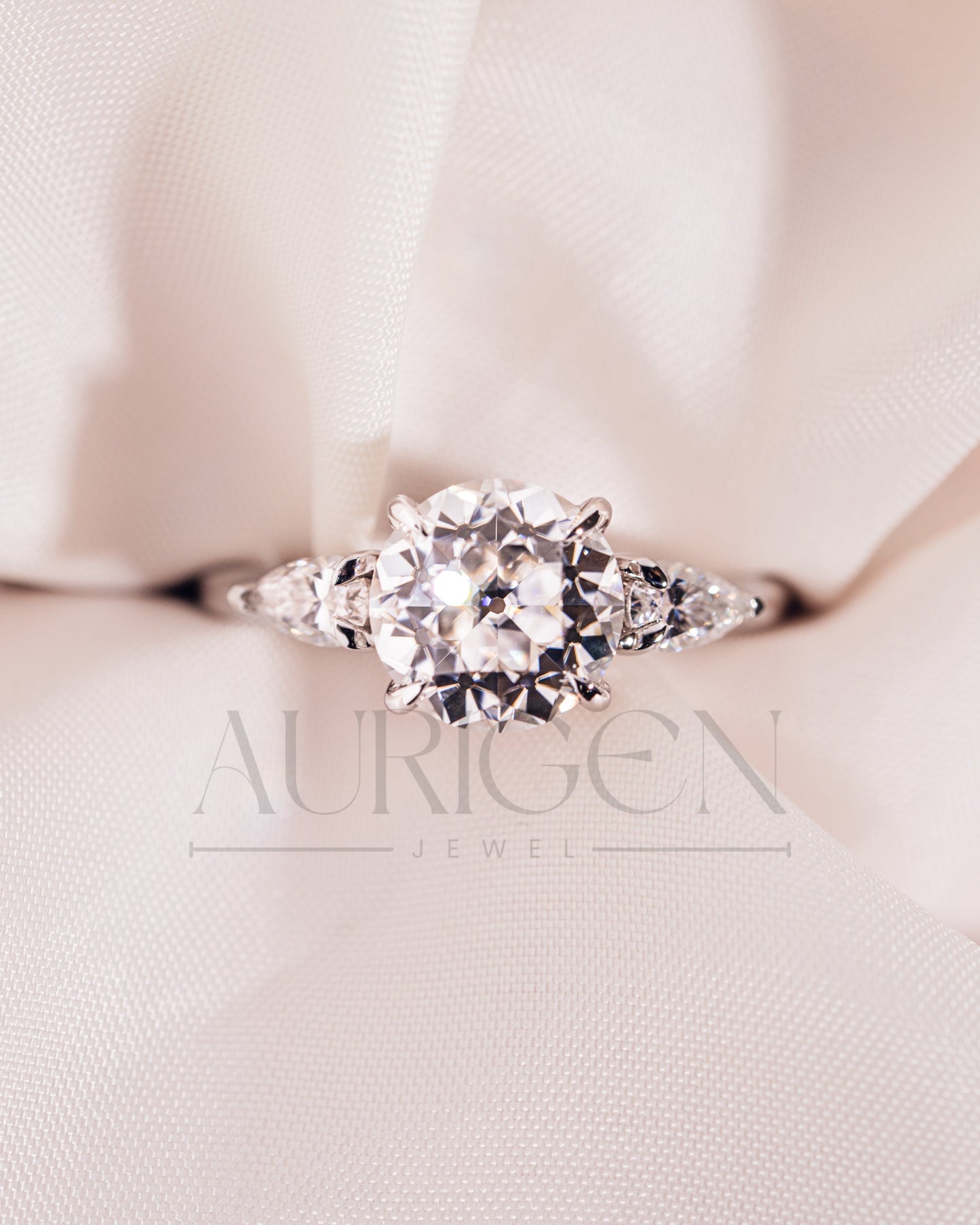Round and Pear Cut Three Stone Engagement Ring - Moissanite and Lab Grown Diamond