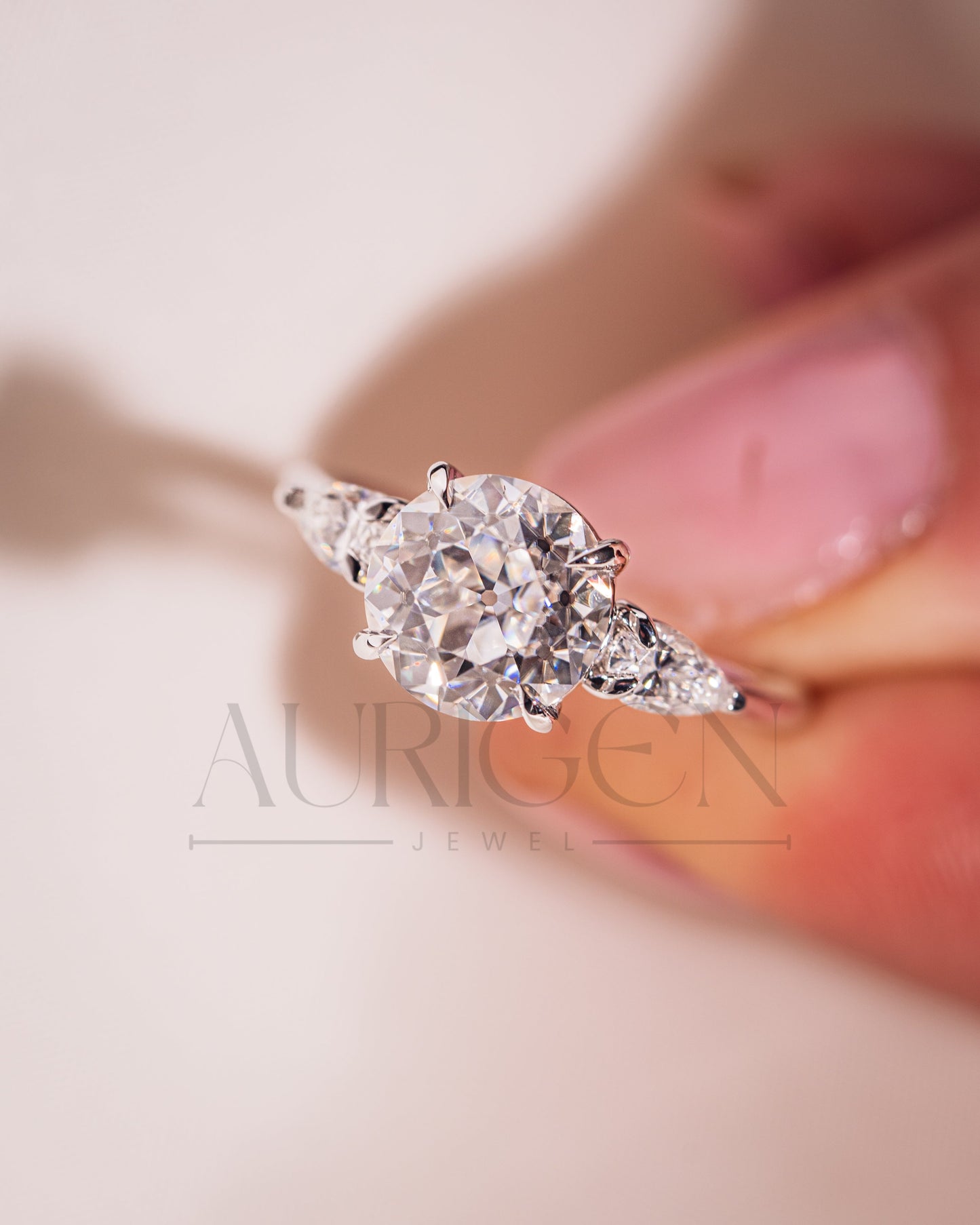 Round and Pear Cut Three Stone Engagement Ring - Moissanite and Lab Grown Diamond