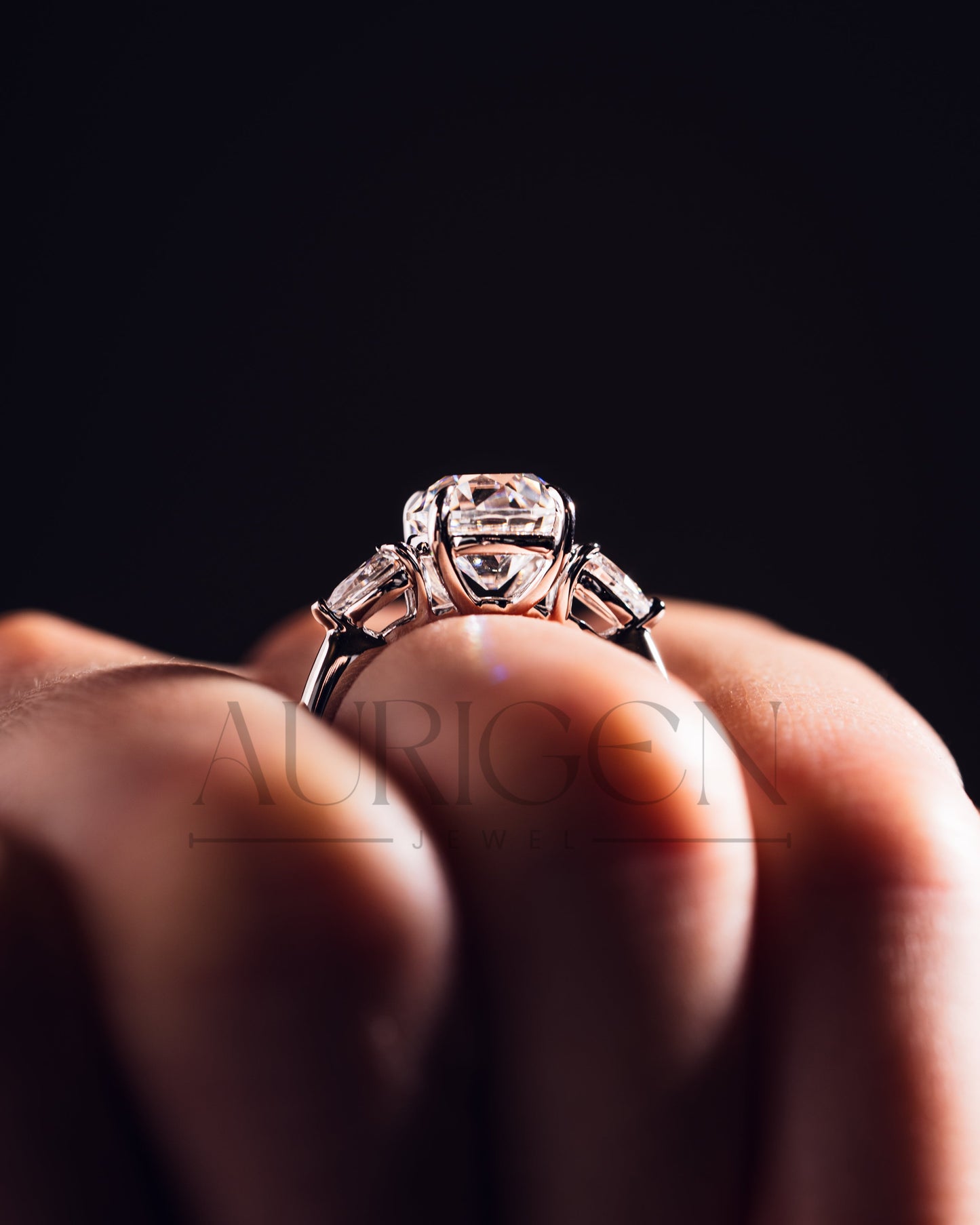 Round and Pear Cut Three Stone Engagement Ring - Moissanite and Lab Grown Diamond