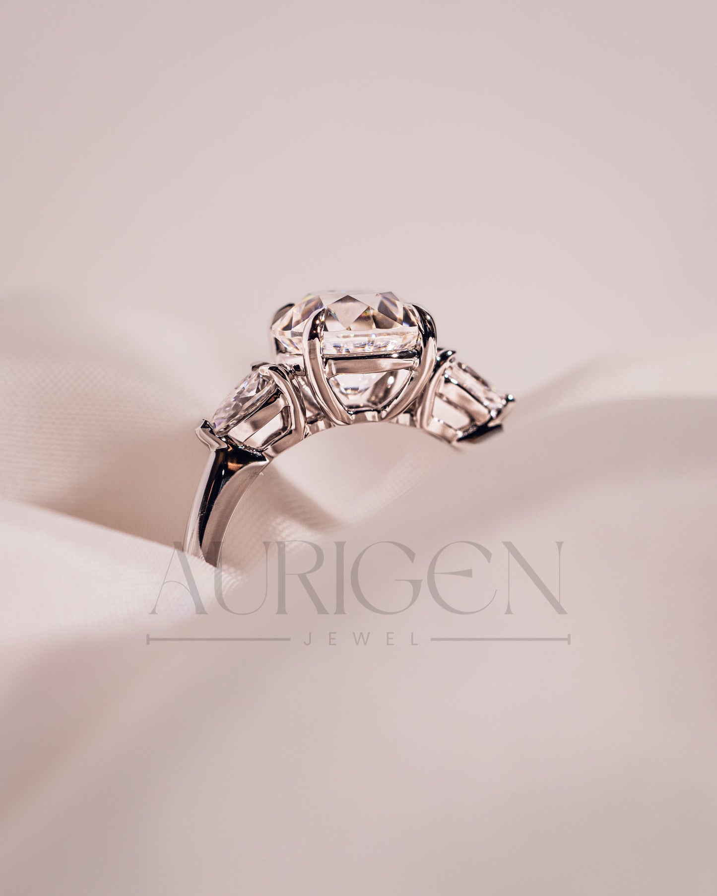 Round and Pear Cut Three Stone Engagement Ring - Moissanite and Lab Grown Diamond