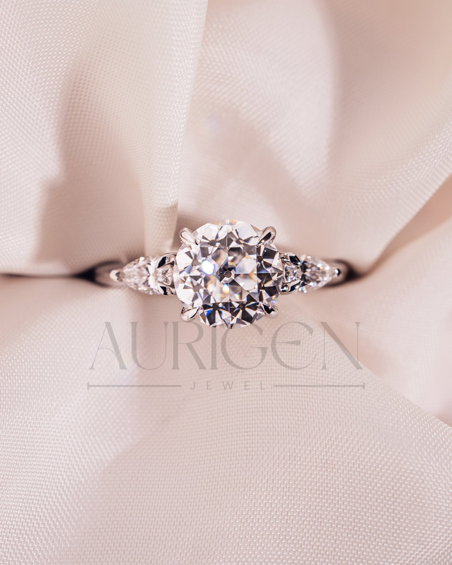Round and Pear Cut Three Stone Engagement Ring - Moissanite and Lab Grown Diamond