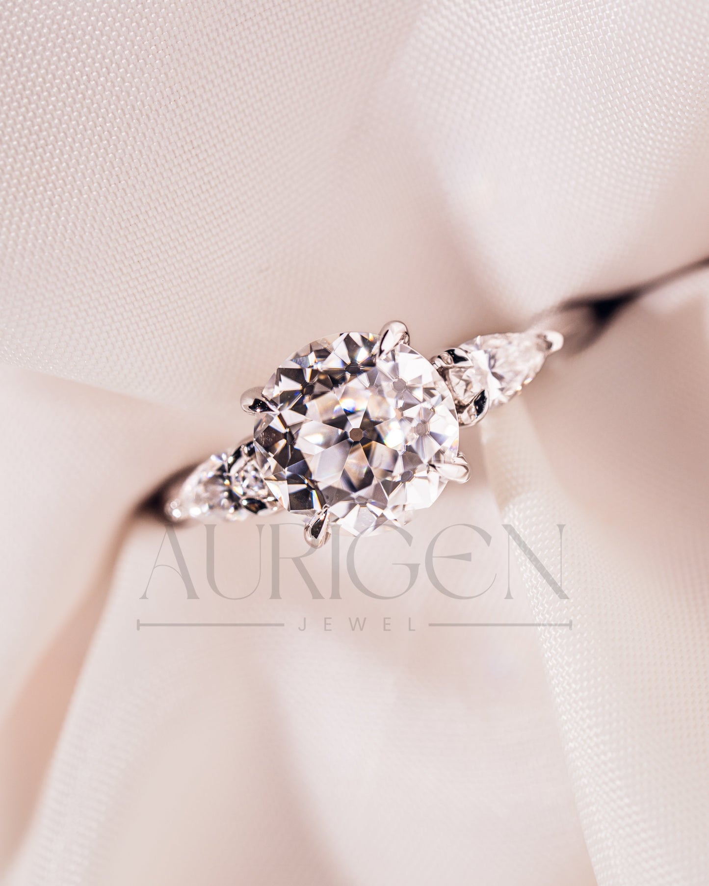 Round and Pear Cut Three Stone Engagement Ring - Moissanite and Lab Grown Diamond
