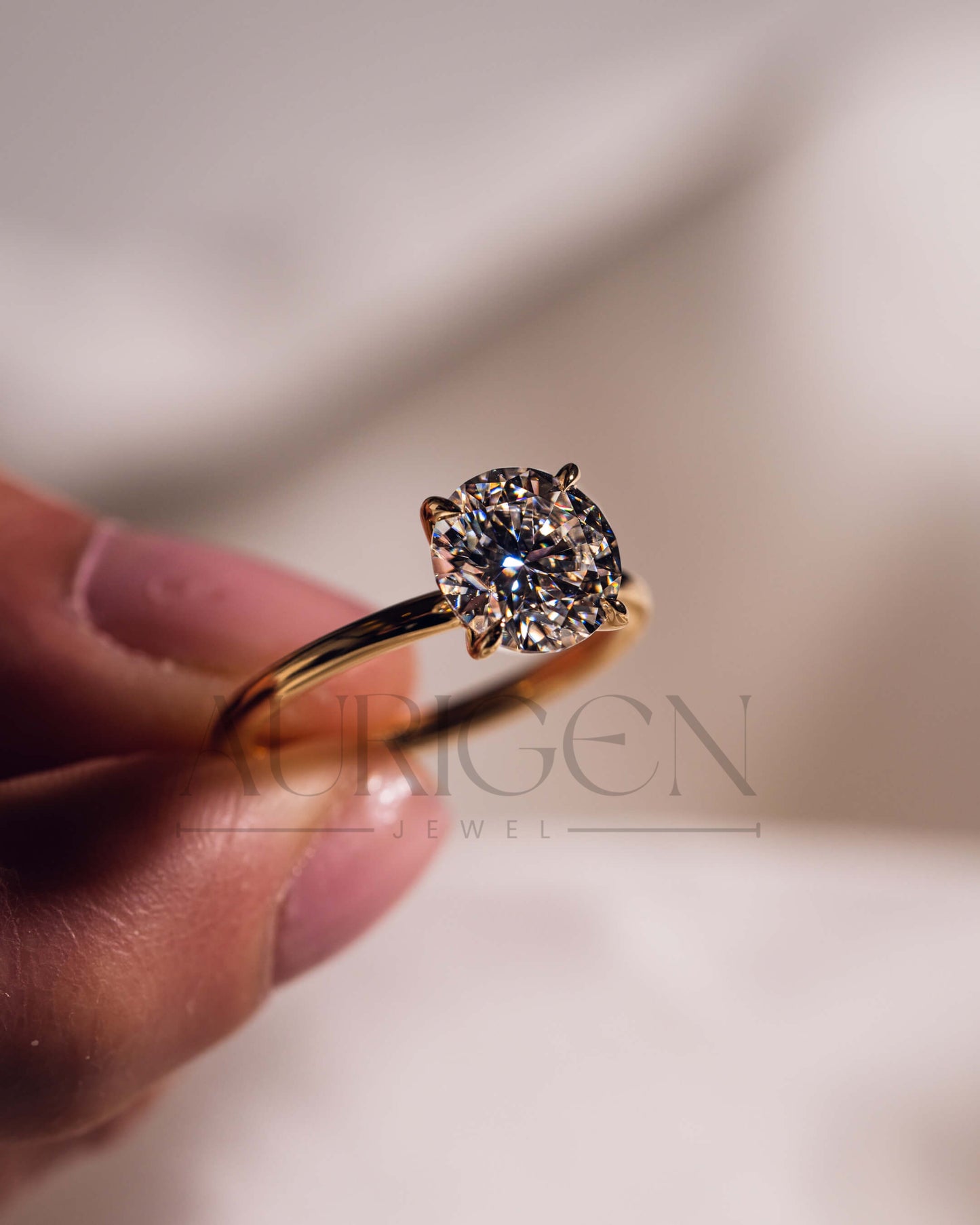 Round Moissanite and Leb Grown Solitaire Engagement Ring in 18k Rose Gold