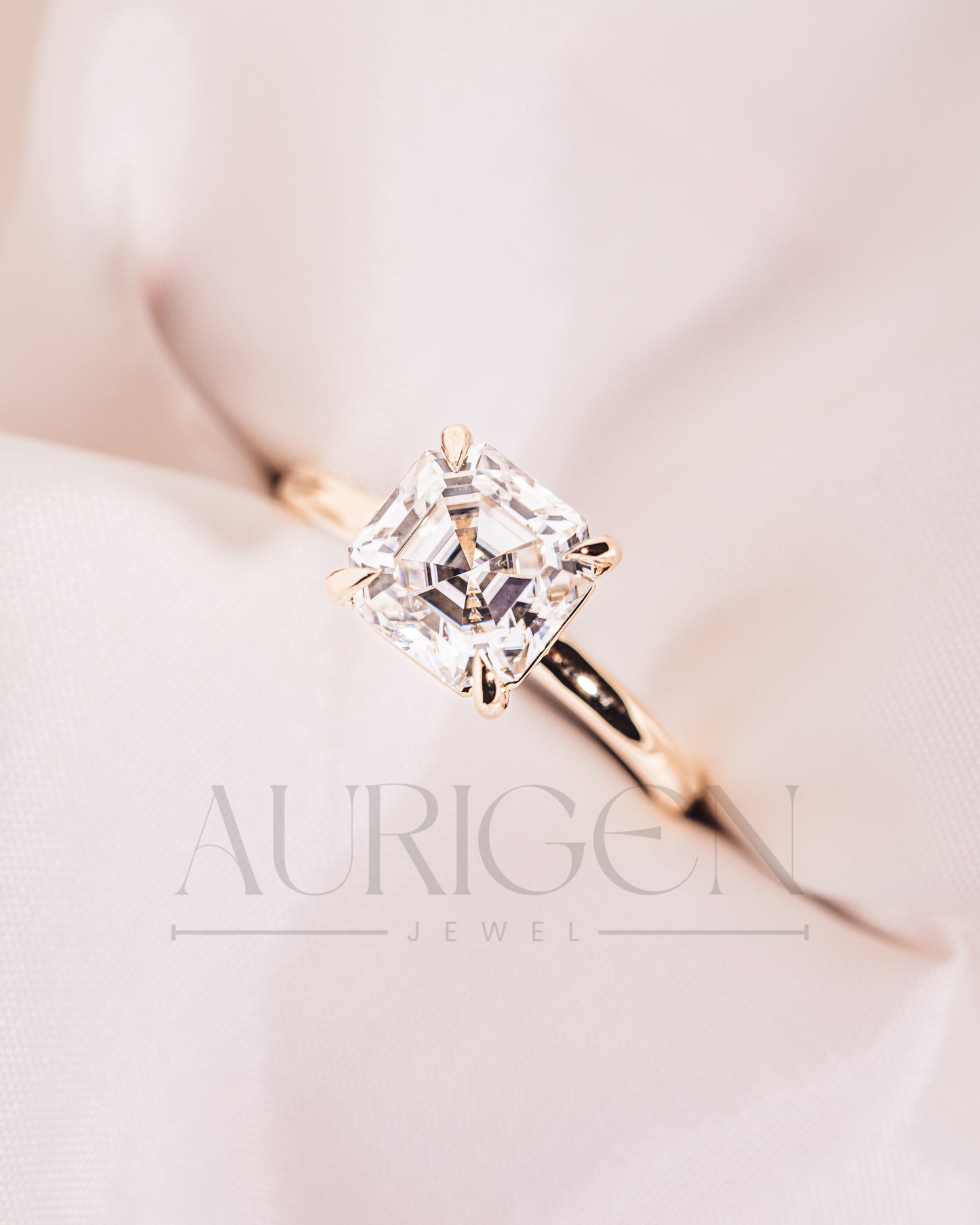 Classic 14K Solid Gold Asscher Cut Moissanite and Lab Grown 4-Prong Solitaire Ring