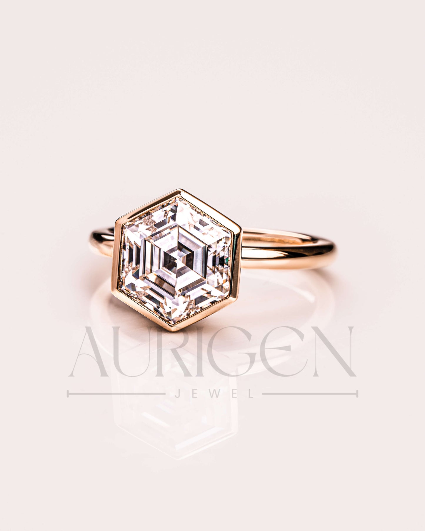 14K Solid Gold Hexagon Cut Moissanite and Lab Grown Bezel Setting Ring