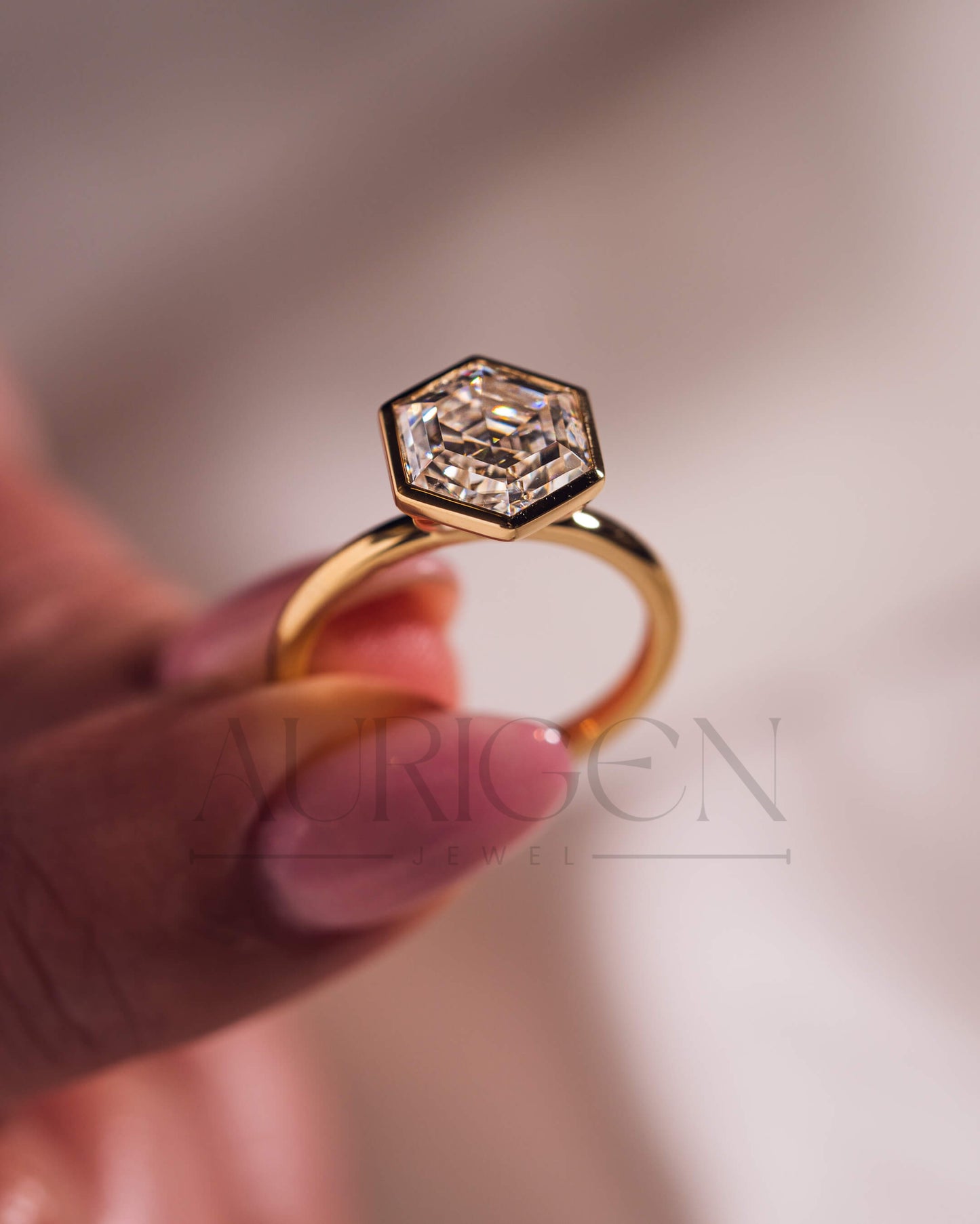 14K Solid Gold Hexagon Cut Moissanite and Lab Grown Bezel Setting Ring