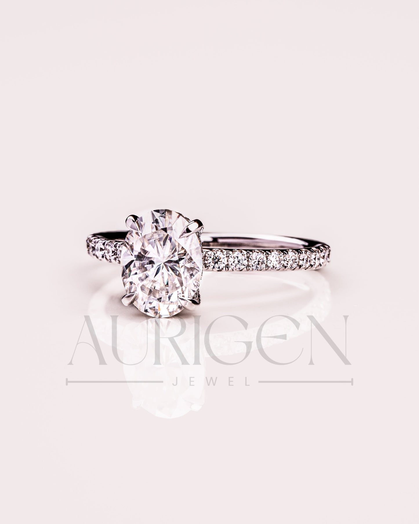 Hidden Halo Oval Cut Lab Grown and Moissanite Diamond Engagement Ring with Pave