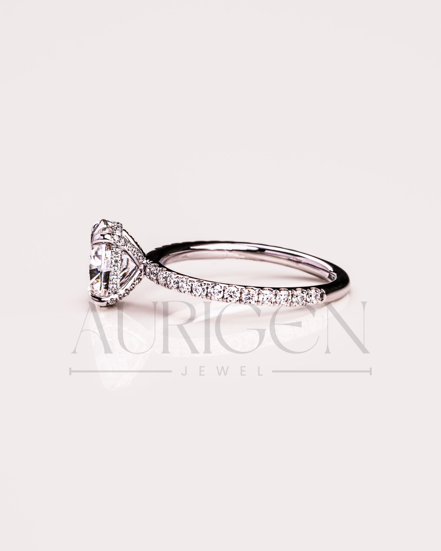 Hidden Halo Oval Cut Lab Grown and Moissanite Diamond Engagement Ring with Pave