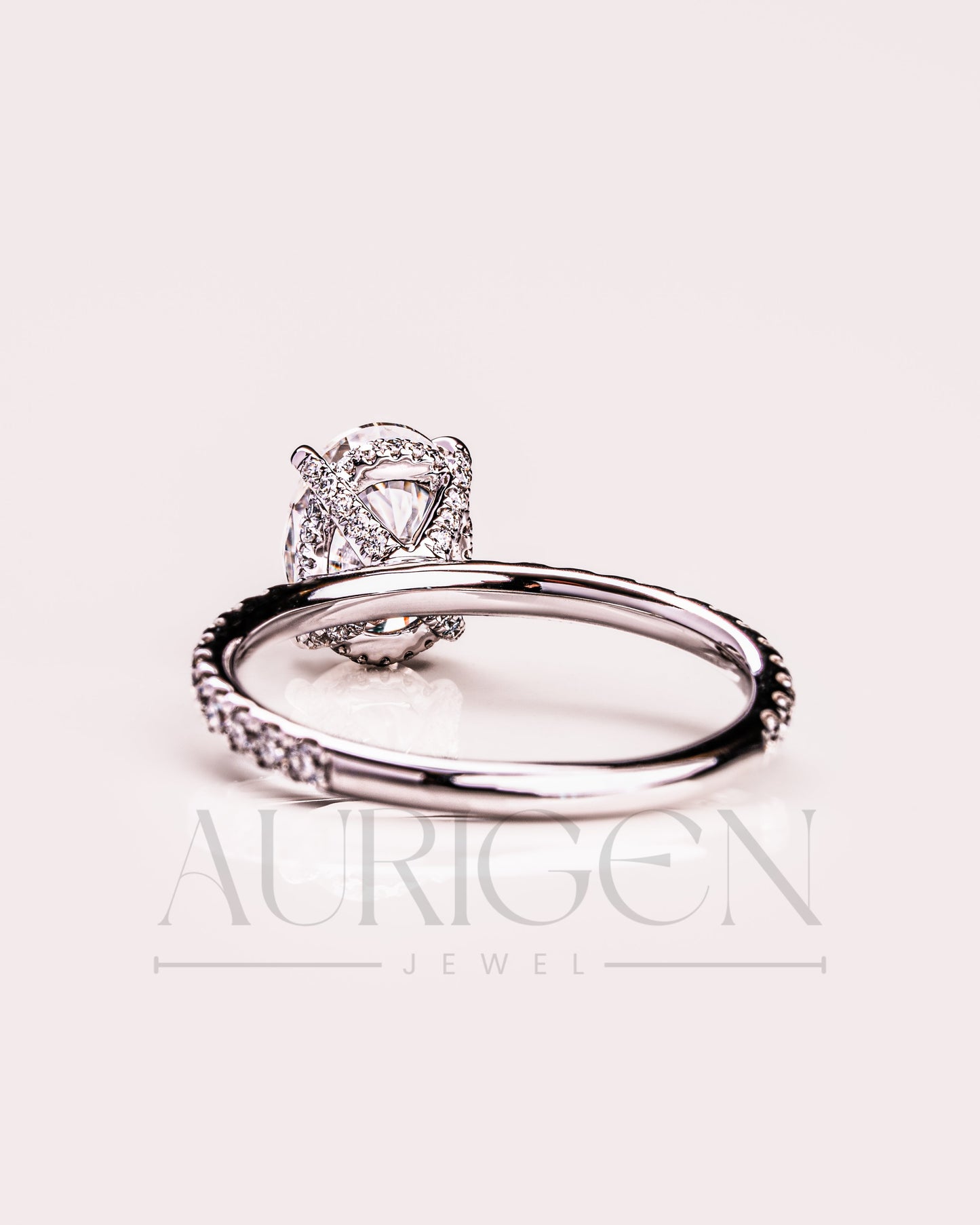 Hidden Halo Oval Cut Lab Grown and Moissanite Diamond Engagement Ring with Pave