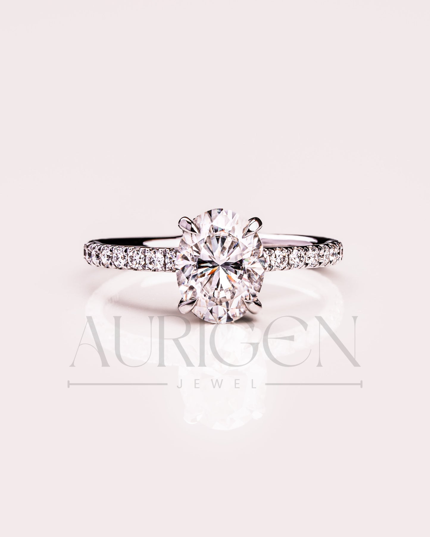 Hidden Halo Oval Cut Lab Grown and Moissanite Diamond Engagement Ring with Pave